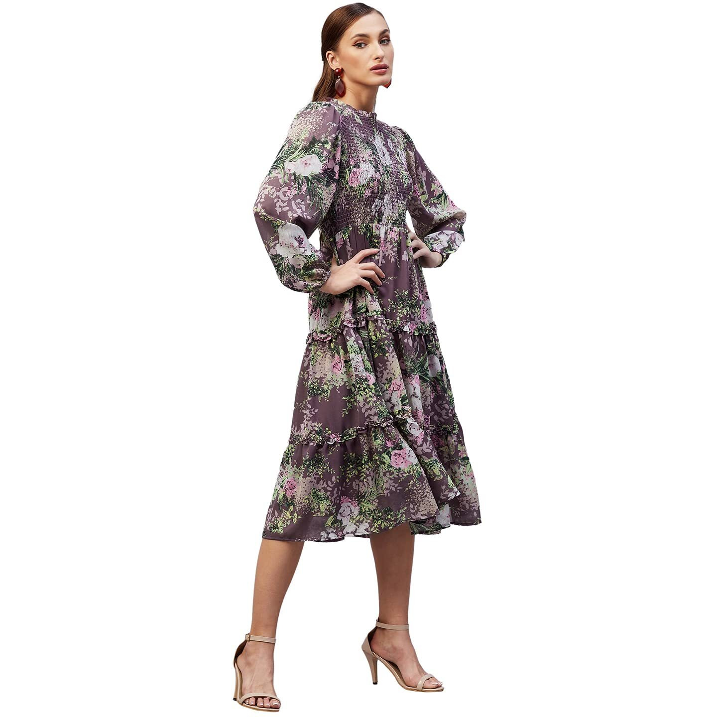 Rare Women Casual Mauve Colour Fit And Flare Midi Floral Dress, Pink, Xl