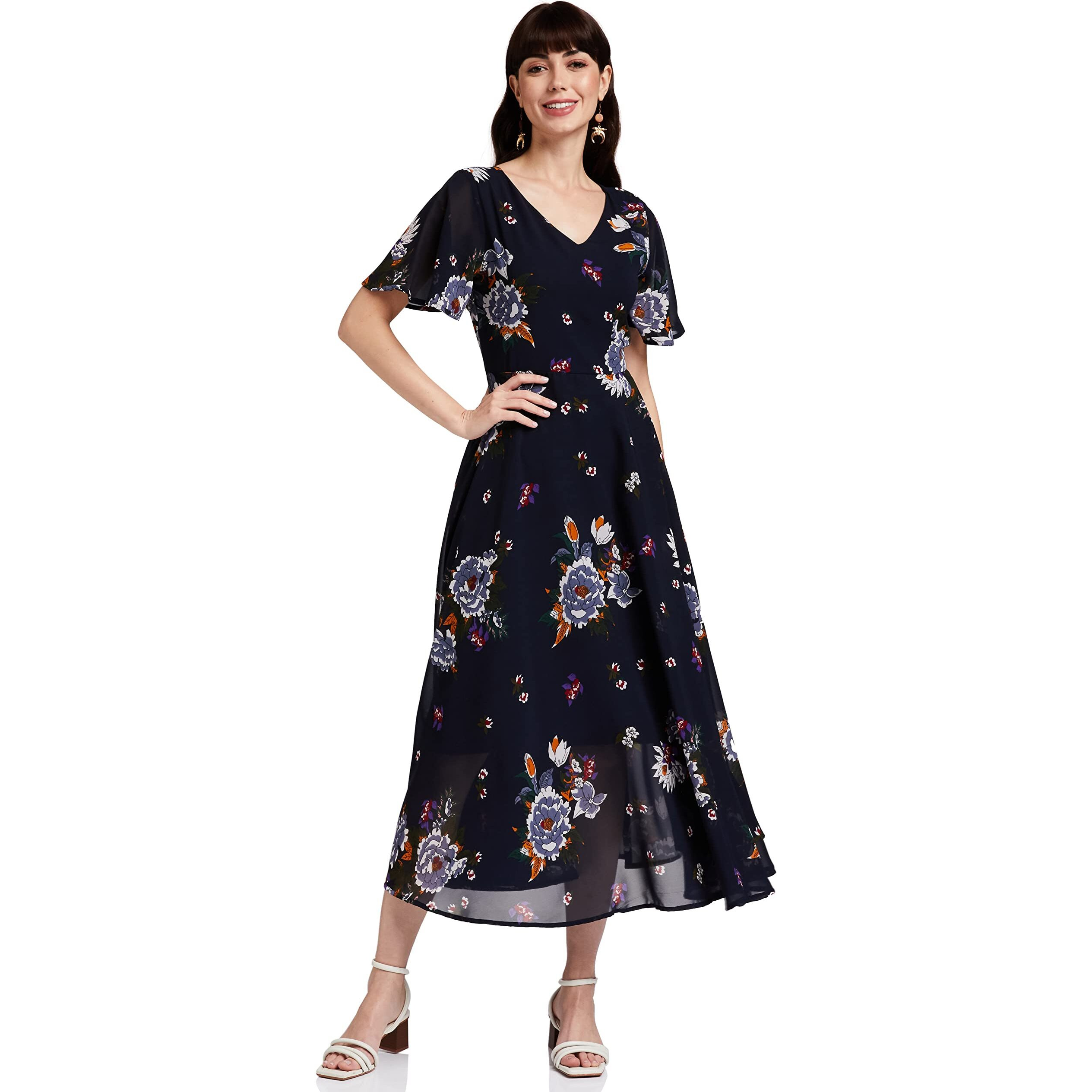 Rare London Women Synthetic A-Line Calf Length Dress (Ep3153-S_Blue_S)