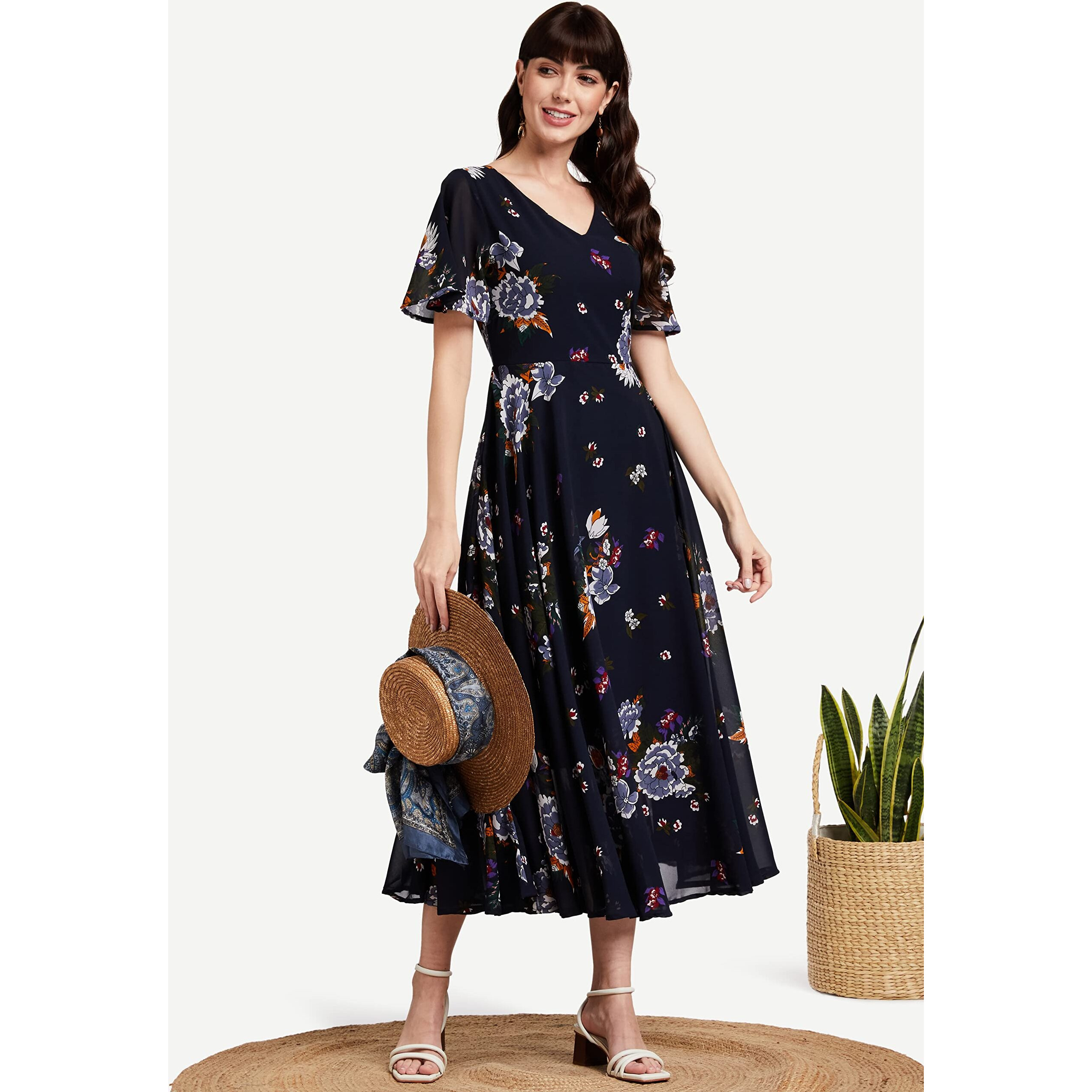 Rare London Women Synthetic A-Line Calf Length Dress (Ep3153-S_Blue_S)