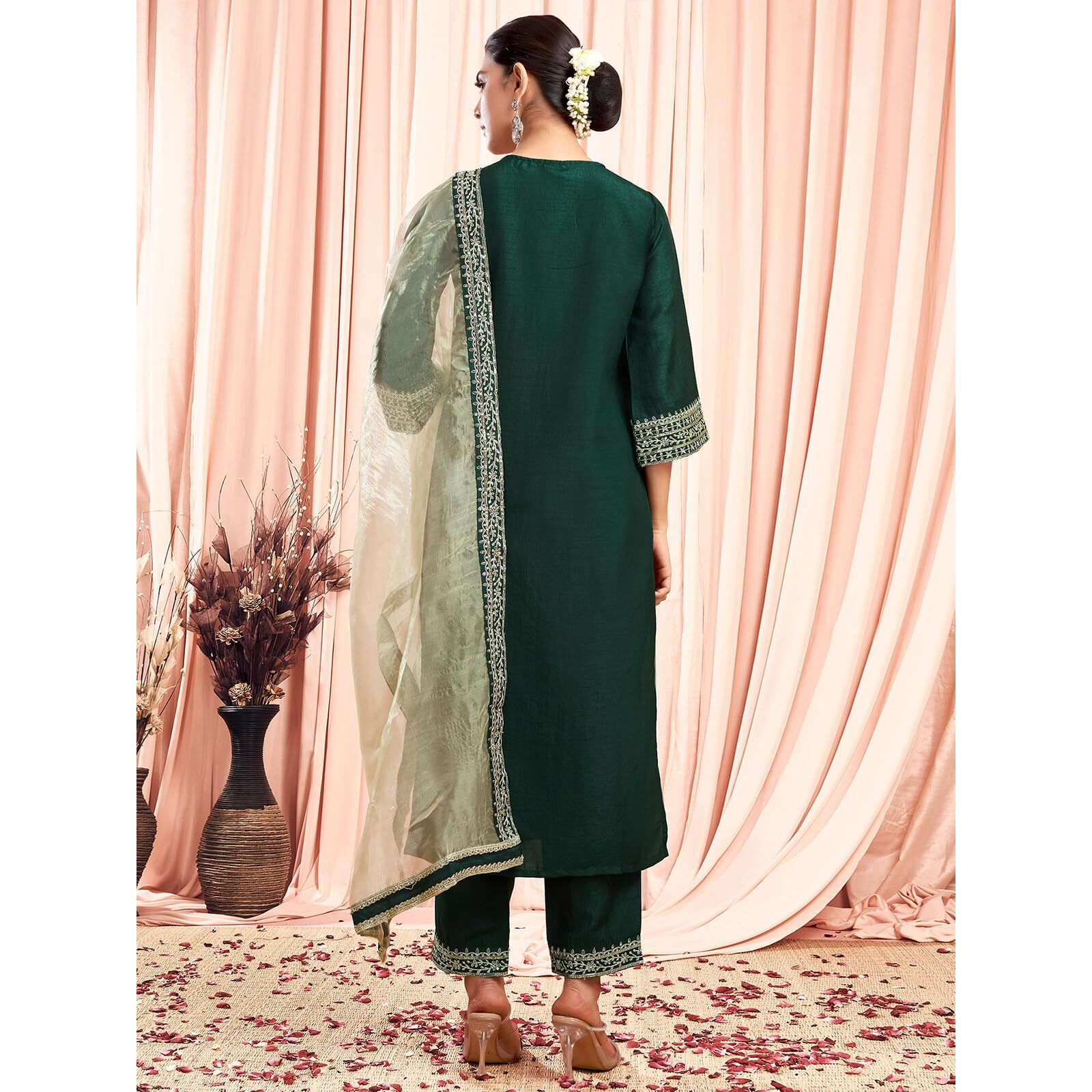 Sanisa Women's Silk Sequence And Embroidery Work Lace Straight Kurta With Pant And Dupatta Set (104Kbd1136Nb-L_Dark Green)