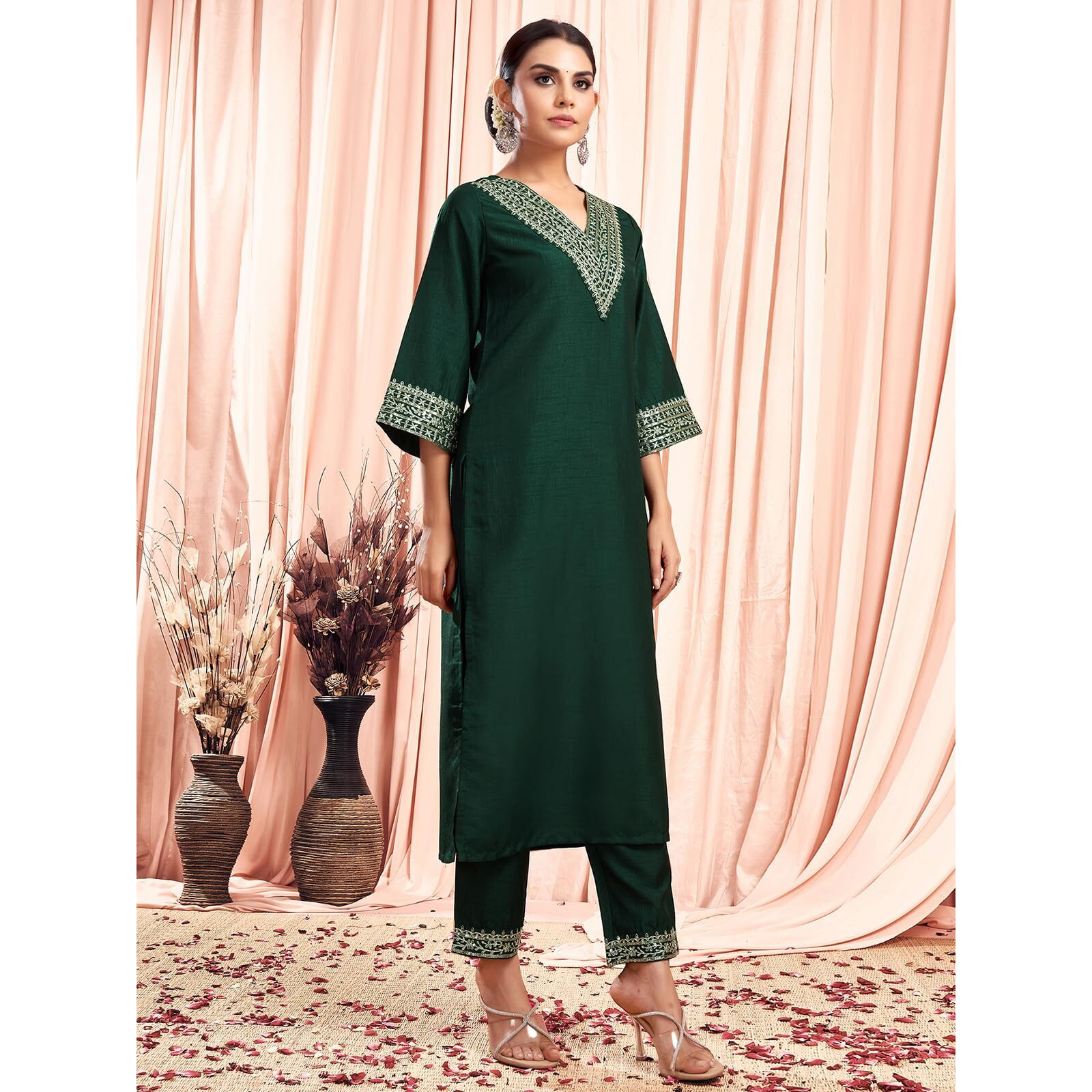 Sanisa Women's Silk Sequence And Embroidery Work Lace Straight Kurta With Pant And Dupatta Set (104Kbd1136Nb-L_Dark Green)