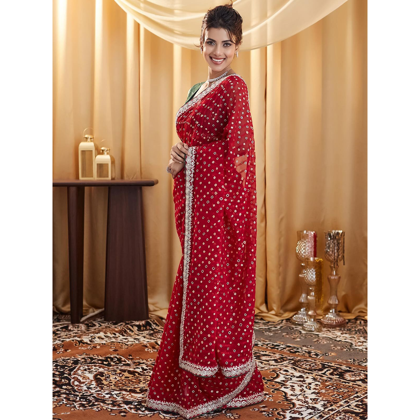 Satrani Women's Georgette Bandhani Foil Printed Saree With Unstitched Blouse Piece (4021S599N_Dark Green)