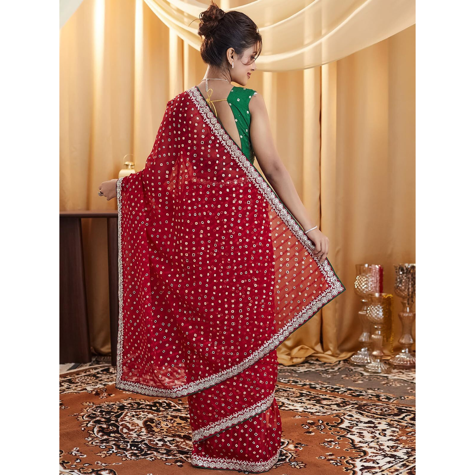 Satrani Women's Georgette Bandhani Foil Printed Saree With Unstitched Blouse Piece (4021S599N_Dark Green)