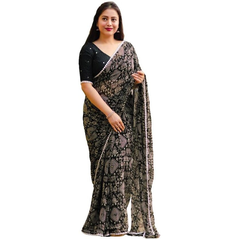 Satrani Women's Georgette Printed & Mirror Work Saree With Unstitched Blouse Piece (3284S267N_Black & Cream)