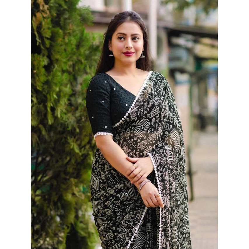 Satrani Women's Georgette Printed & Mirror Work Saree With Unstitched Blouse Piece (3284S267N_Black & Cream)
