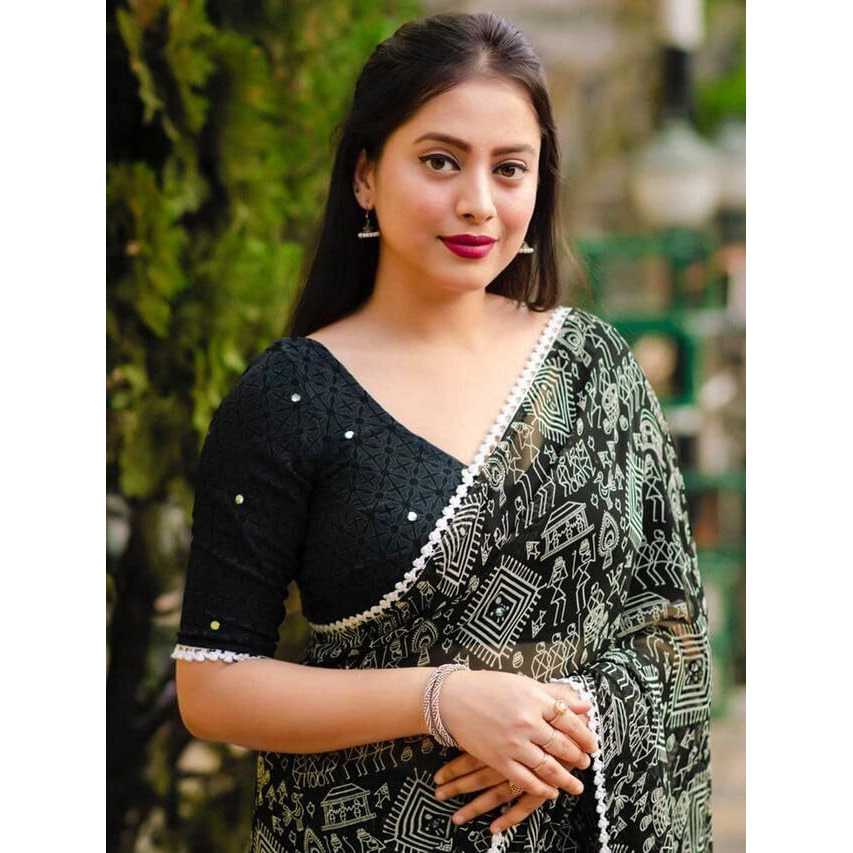 Satrani Women's Georgette Printed & Mirror Work Saree With Unstitched Blouse Piece (3284S267N_Black & Cream)