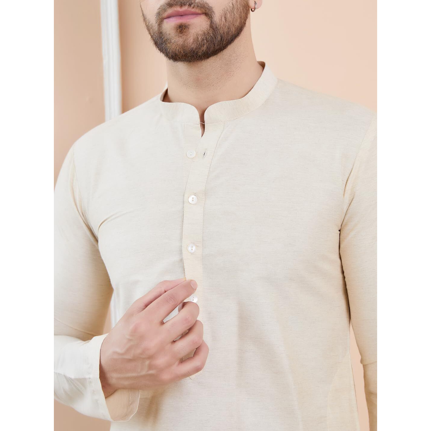 See Designs Men Full Sleeve Side Slit Cream Cotton Solid Straight Mandarin Collar Kurta - Sd2Kt_2413M