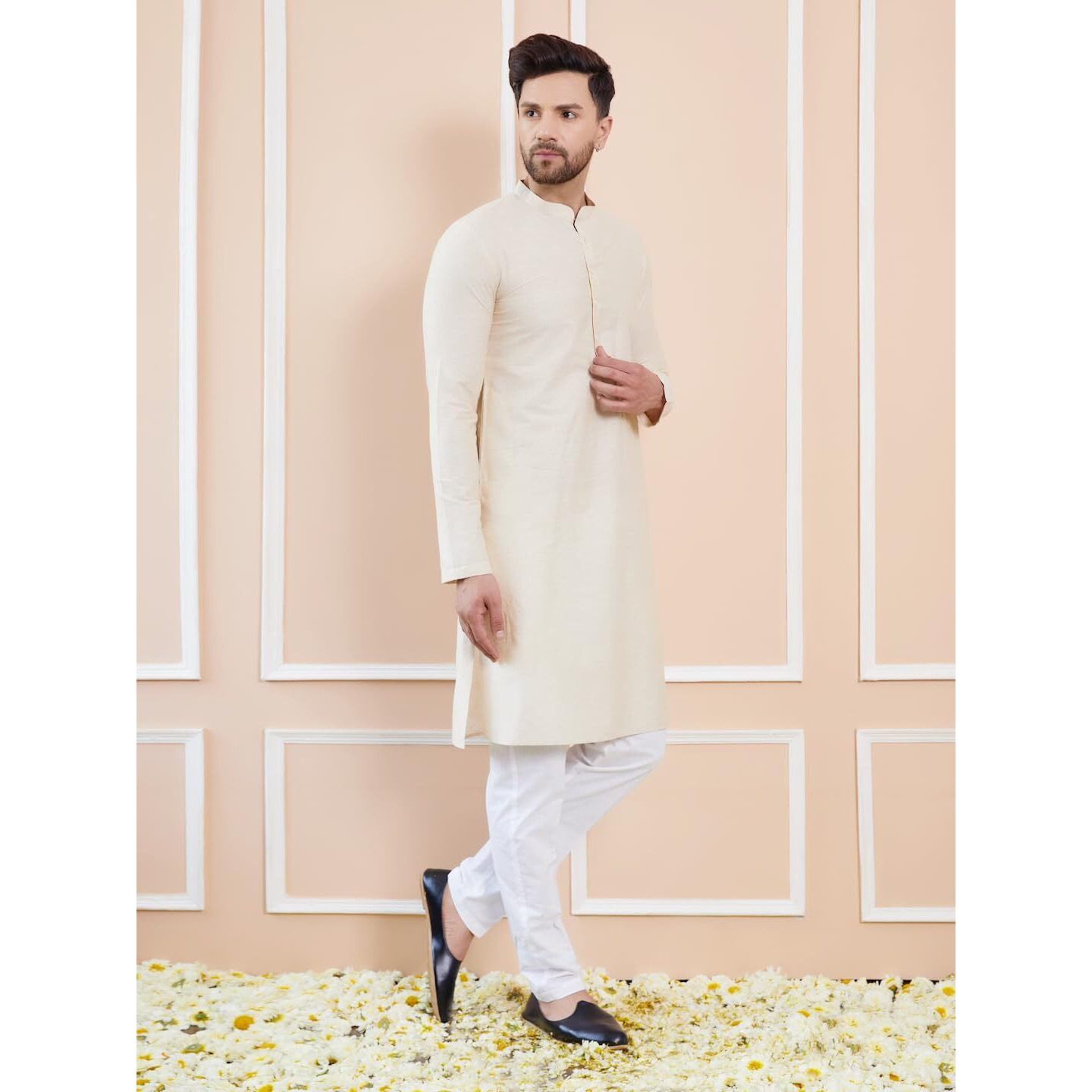 See Designs Men Full Sleeve Side Slit Cream Cotton Solid Straight Mandarin Collar Kurta - Sd2Kt_2413M