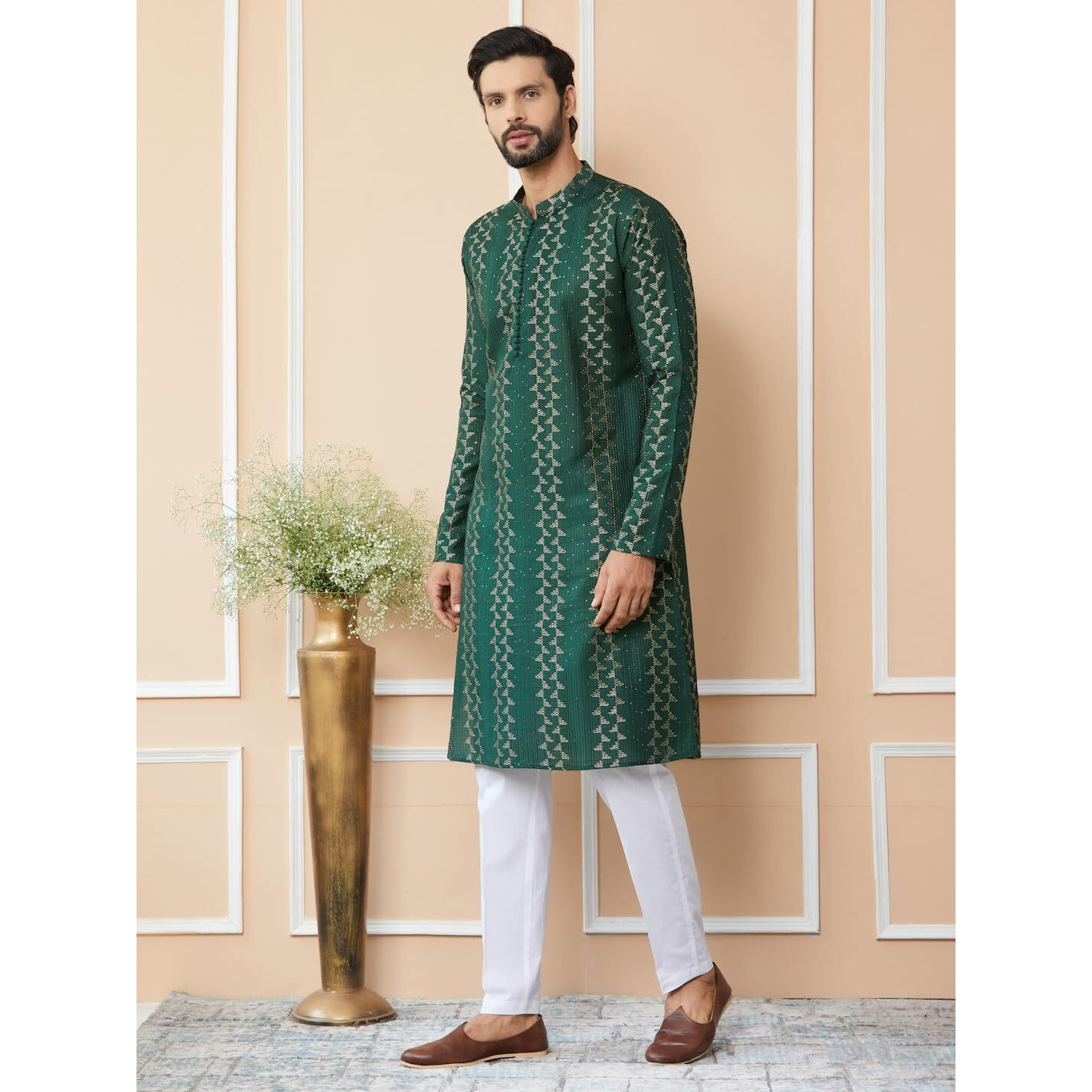 See Designs Men's Long Sleeve Mandarin Collar Side Slit Green Embroidered Thread Work Sequinned Chanderi Silk Straight Kurta - Sdkt2515S