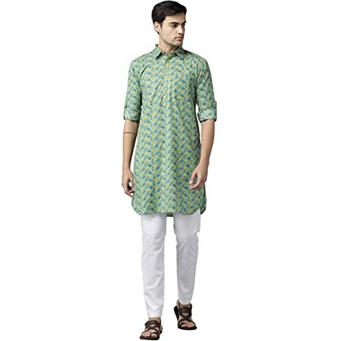 See Designs Men Green Regular Pure Cotton Pathani Printed Men's Kurta_Sdpkt1143L