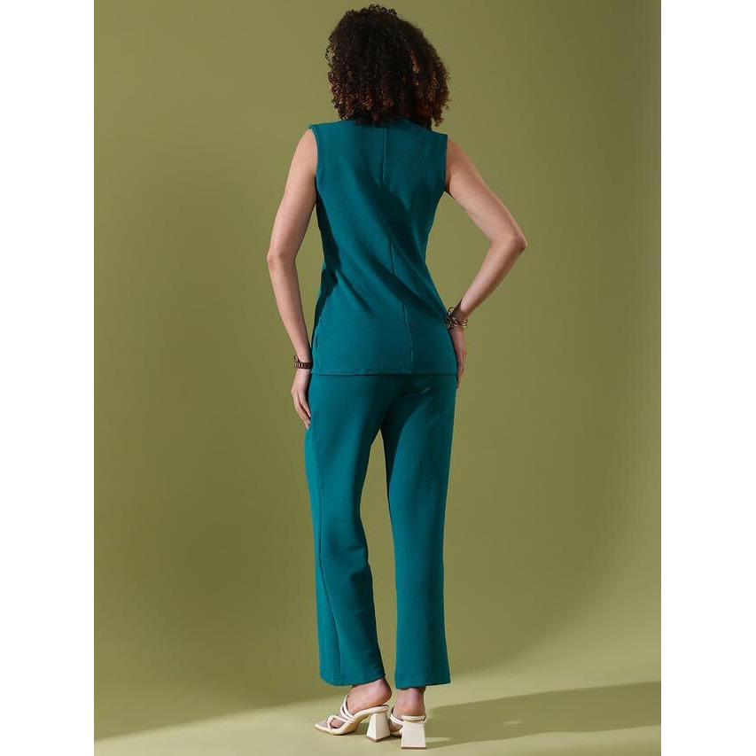 Selvia Women's Co-Ords Set|Sleeveless Lycra V-Neck Co-Ords Set|Top & Trouser Co-Ords Set|2 Piece Co-Ord Set (646Ctk11304N-L_Teal Blue)