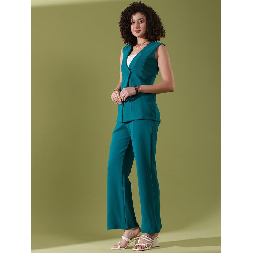 Selvia Women's Co-Ords Set|Sleeveless Lycra V-Neck Co-Ords Set|Top & Trouser Co-Ords Set|2 Piece Co-Ord Set (646Ctk11304N-L_Teal Blue)