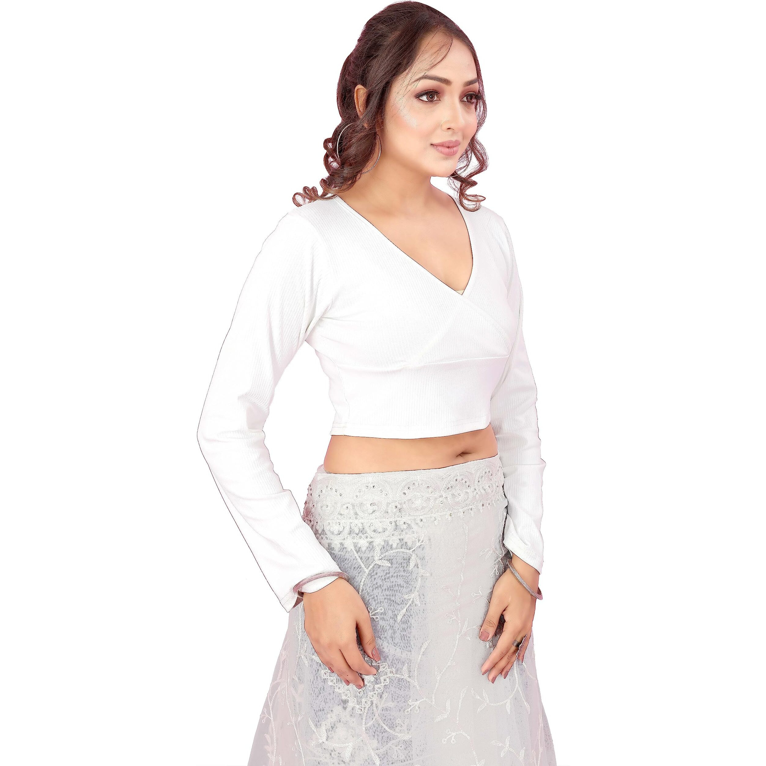 Shasmi Women's & Girls' Solid Ribbed V Neck Collarless Full Sleeve Slim Fit Simplicity Blouse For Women (Blouse 54 White Xs)