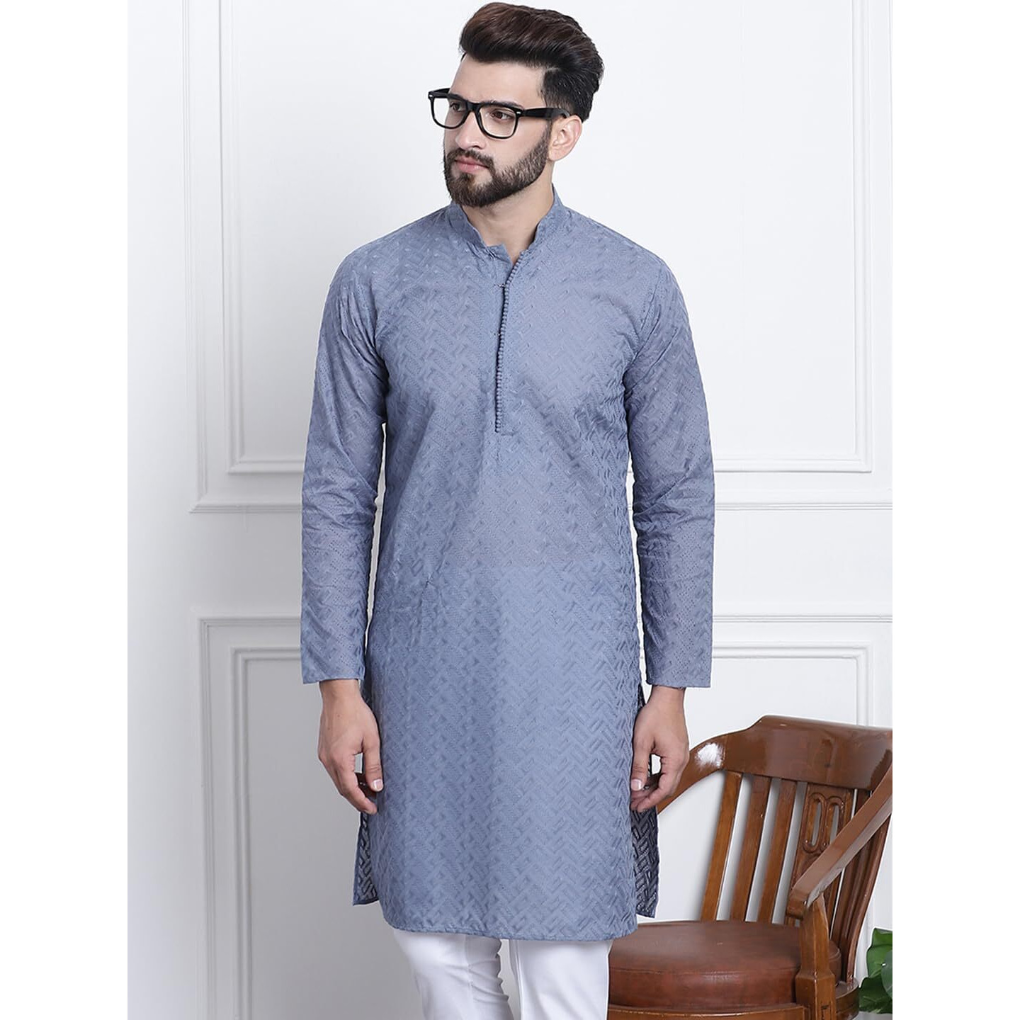 Sojanya (Since 1958 Festive Heritage Elegant Chikankari Grey Kurta For Men