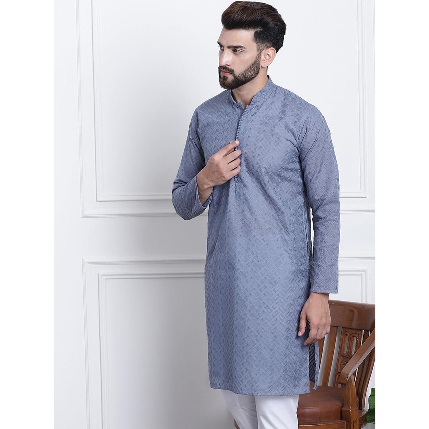 Sojanya (Since 1958 Festive Heritage Elegant Chikankari Grey Kurta For Men