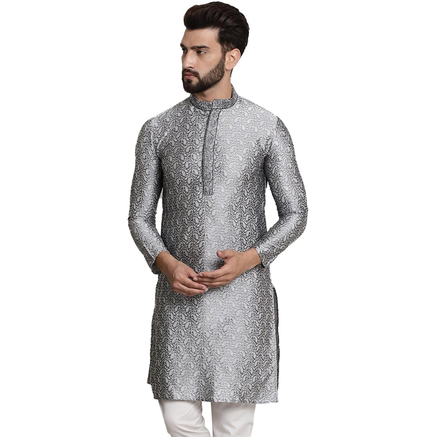 Sojanya (Since 1958 Men's Silk Blend Grey Color Only Long Kurta With Neck Embroidery