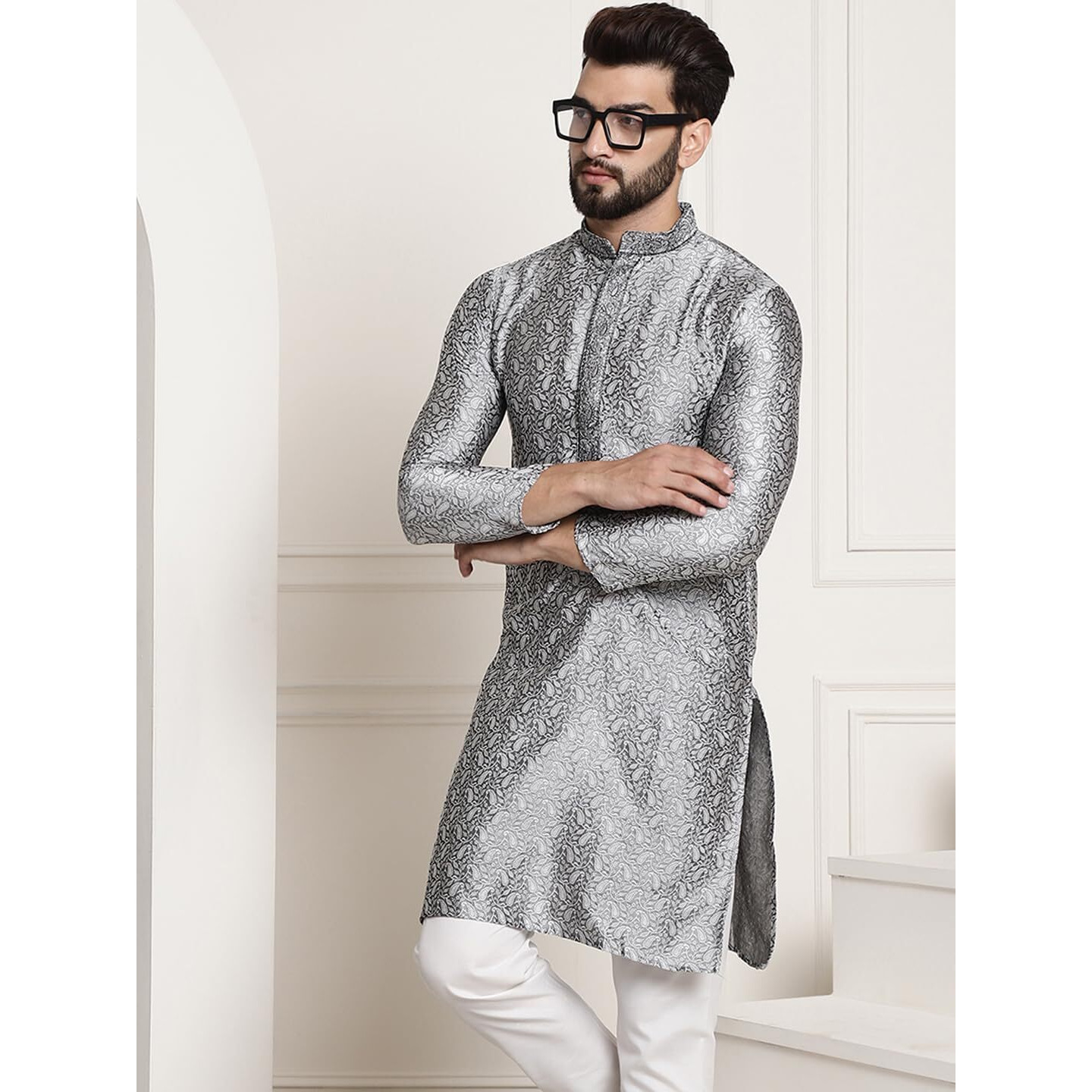 Sojanya (Since 1958 Men's Silk Blend Grey Color Only Long Kurta With Neck Embroidery