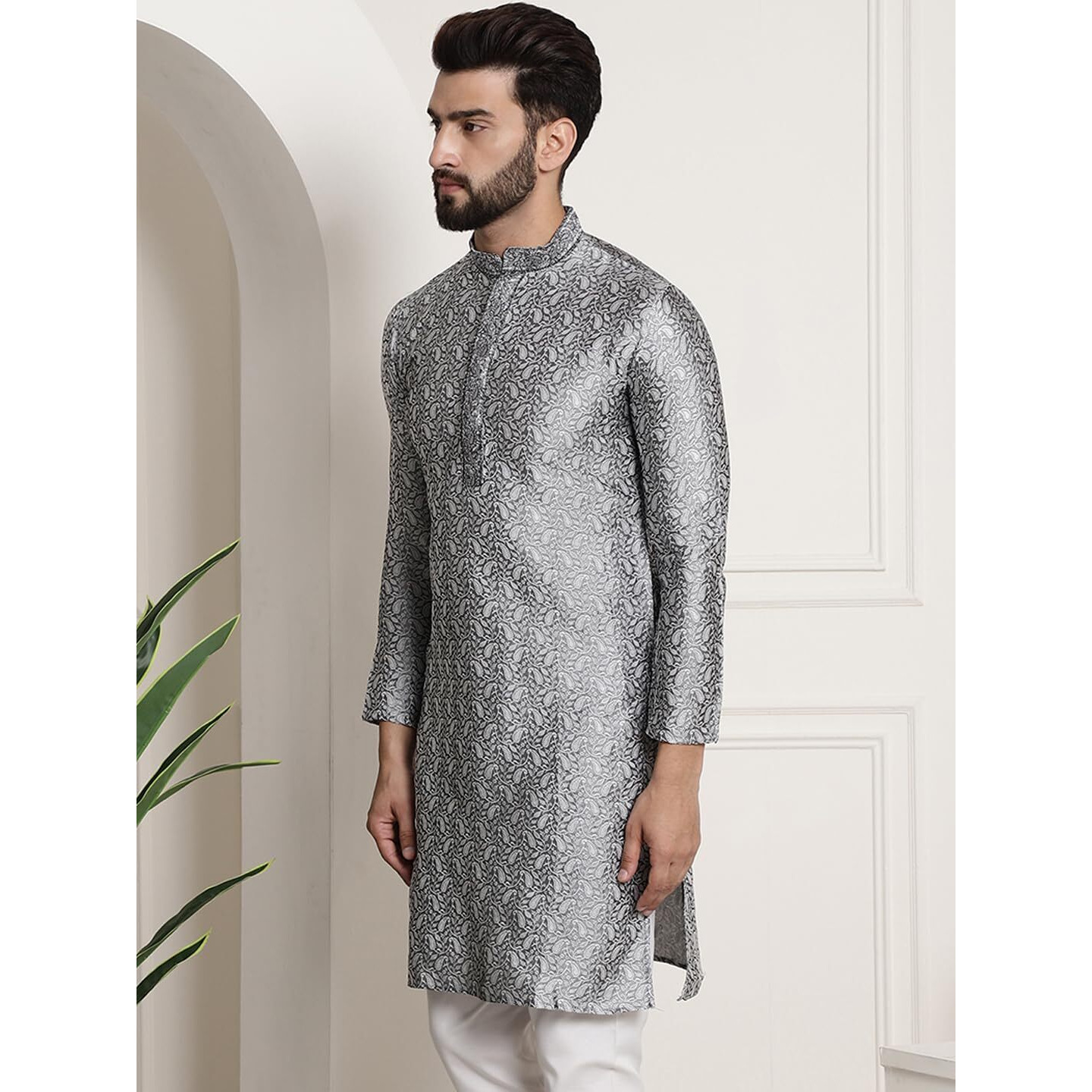 Sojanya (Since 1958 Men's Silk Blend Grey Color Only Long Kurta With Neck Embroidery