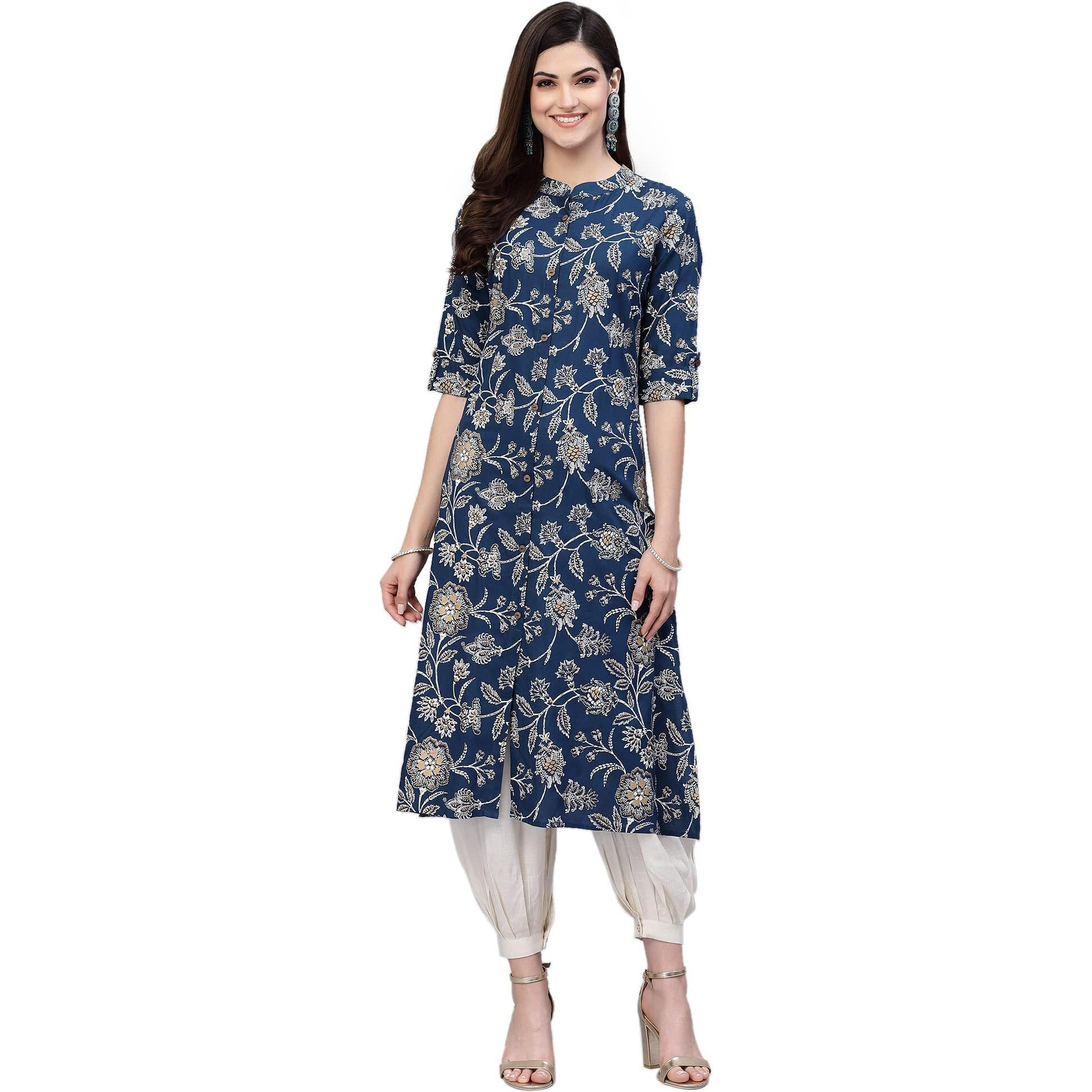 Stylum Women's Floral Print Rayon A-Line Kurta (Fionateal36_Teal Blue, S)