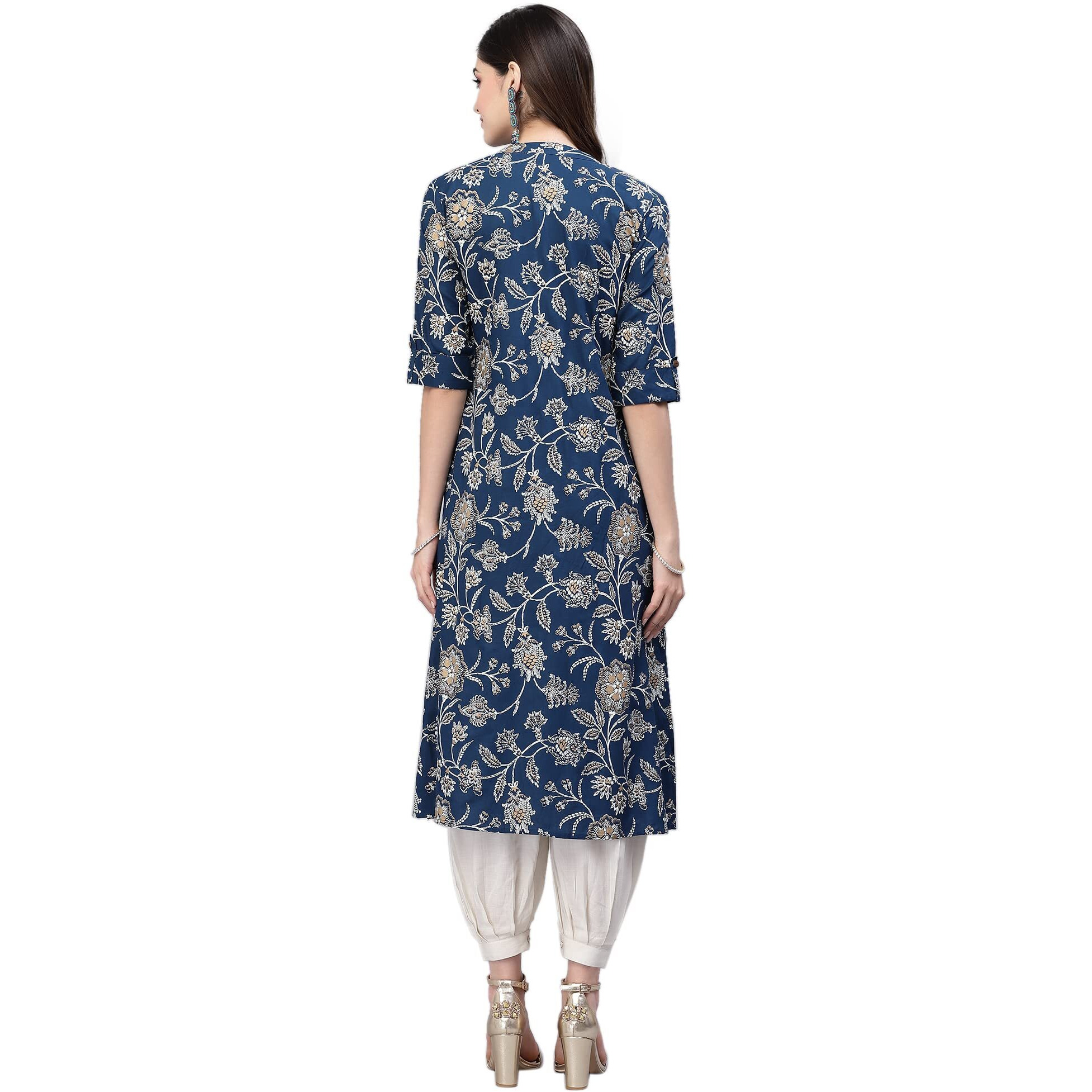 Stylum Women's Floral Print Rayon A-Line Kurta (Fionateal36_Teal Blue, S)