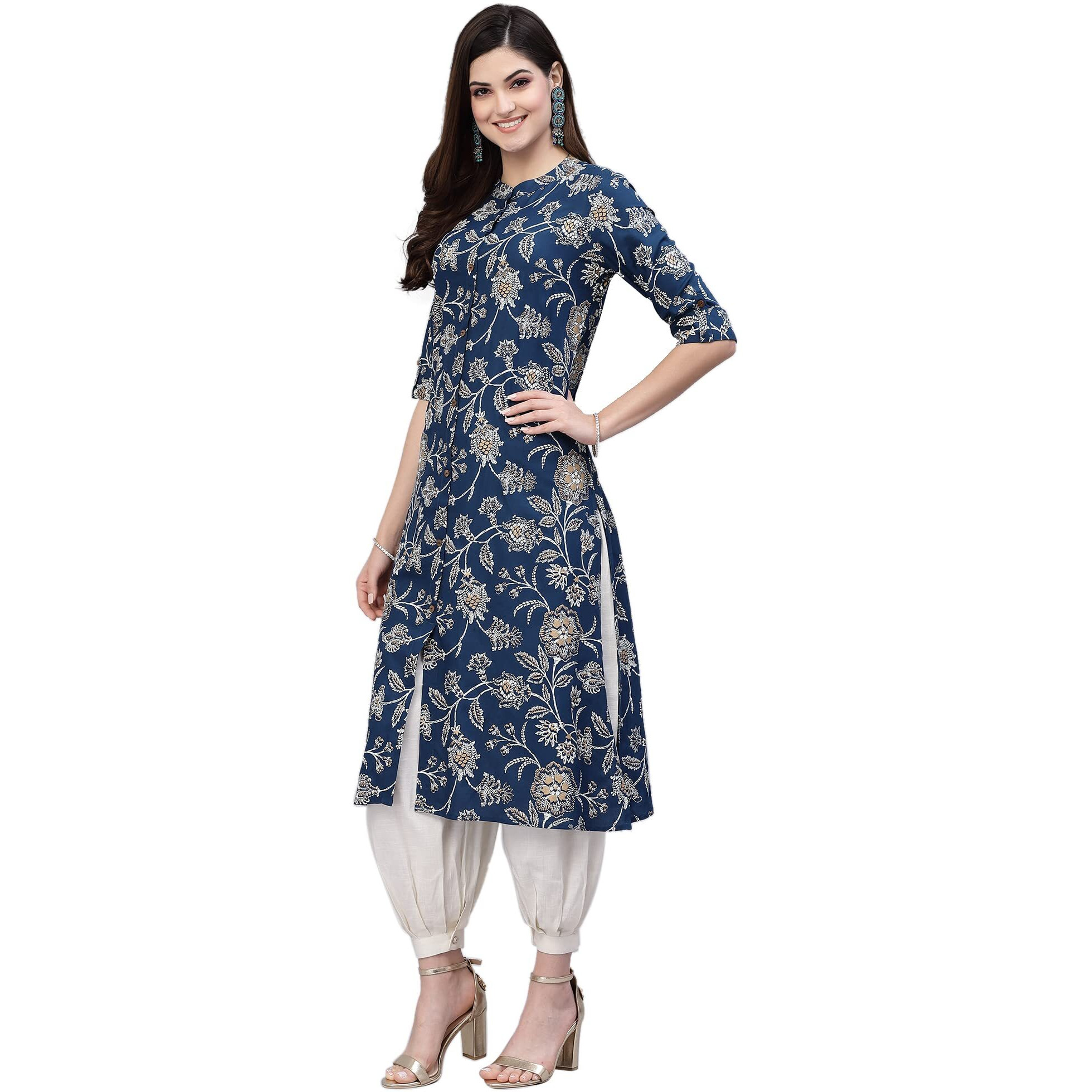 Stylum Women's Floral Print Rayon A-Line Kurta (Fionateal36_Teal Blue, S)