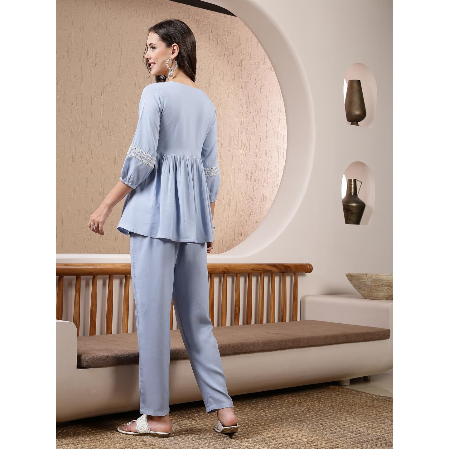 Stylum Women's Blue Solid & Embroidered Rayon Co-Ord Set (Csskyzalak38_Blue, M)