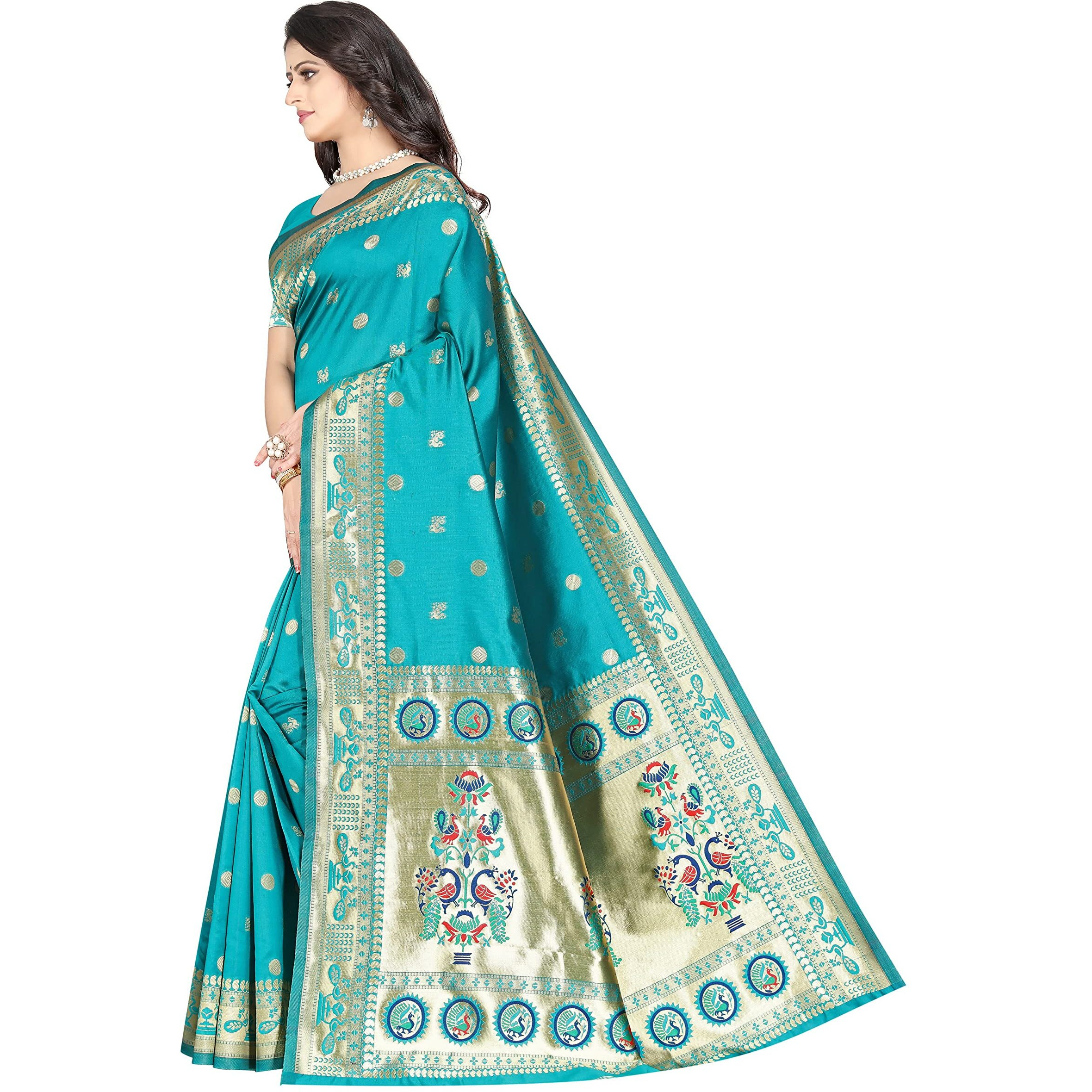 Sugathari Women's Banarasi Saree Pure Kanjivaram Silk Saree Soft New Ladies 2023 Design Wear Pattu Sarees Latest Cotton Party Sari Collections With Blouse Piece For Wedding Sadi (Sam Pari-103 Firozi)