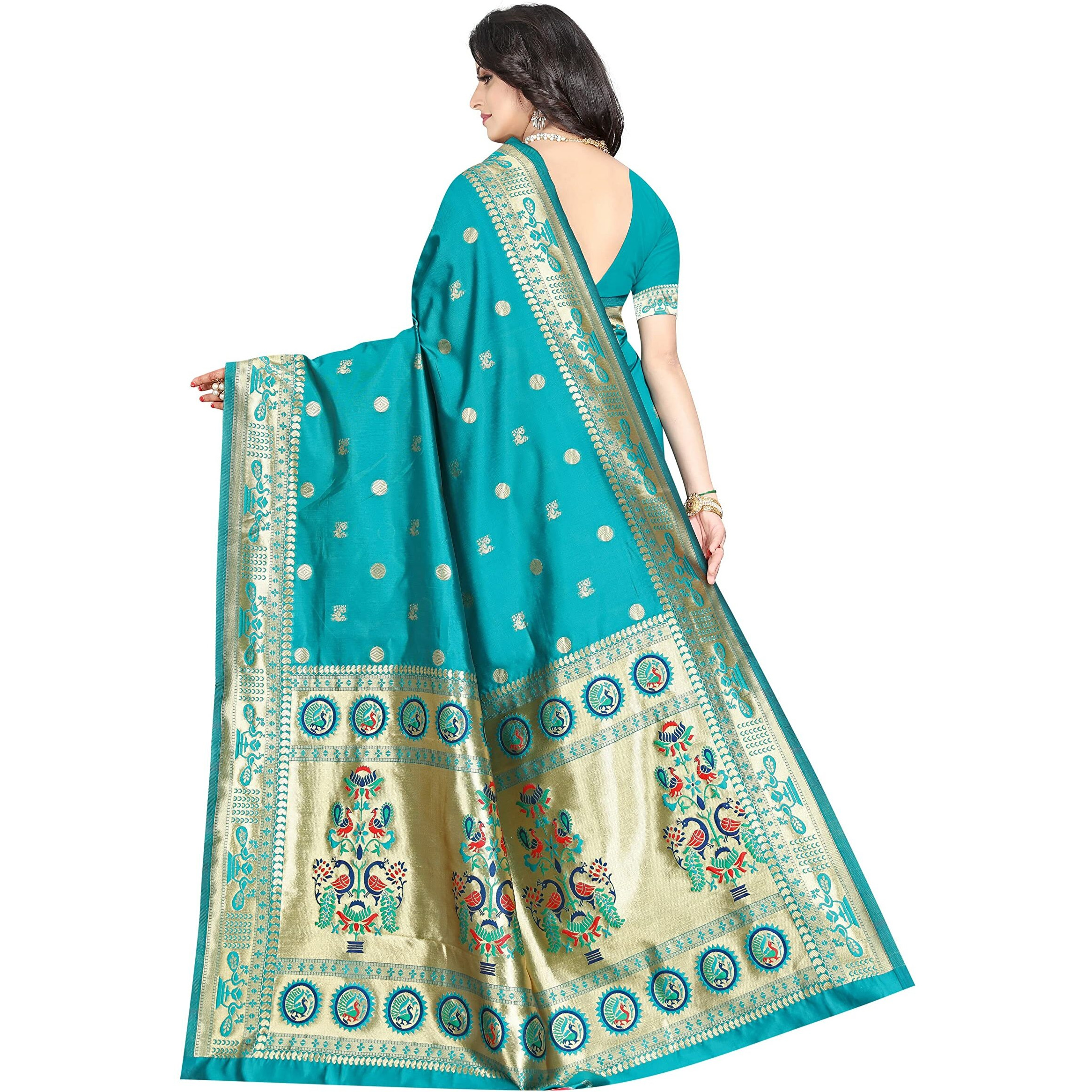 Sugathari Women's Banarasi Saree Pure Kanjivaram Silk Saree Soft New Ladies 2023 Design Wear Pattu Sarees Latest Cotton Party Sari Collections With Blouse Piece For Wedding Sadi (Sam Pari-103 Firozi)
