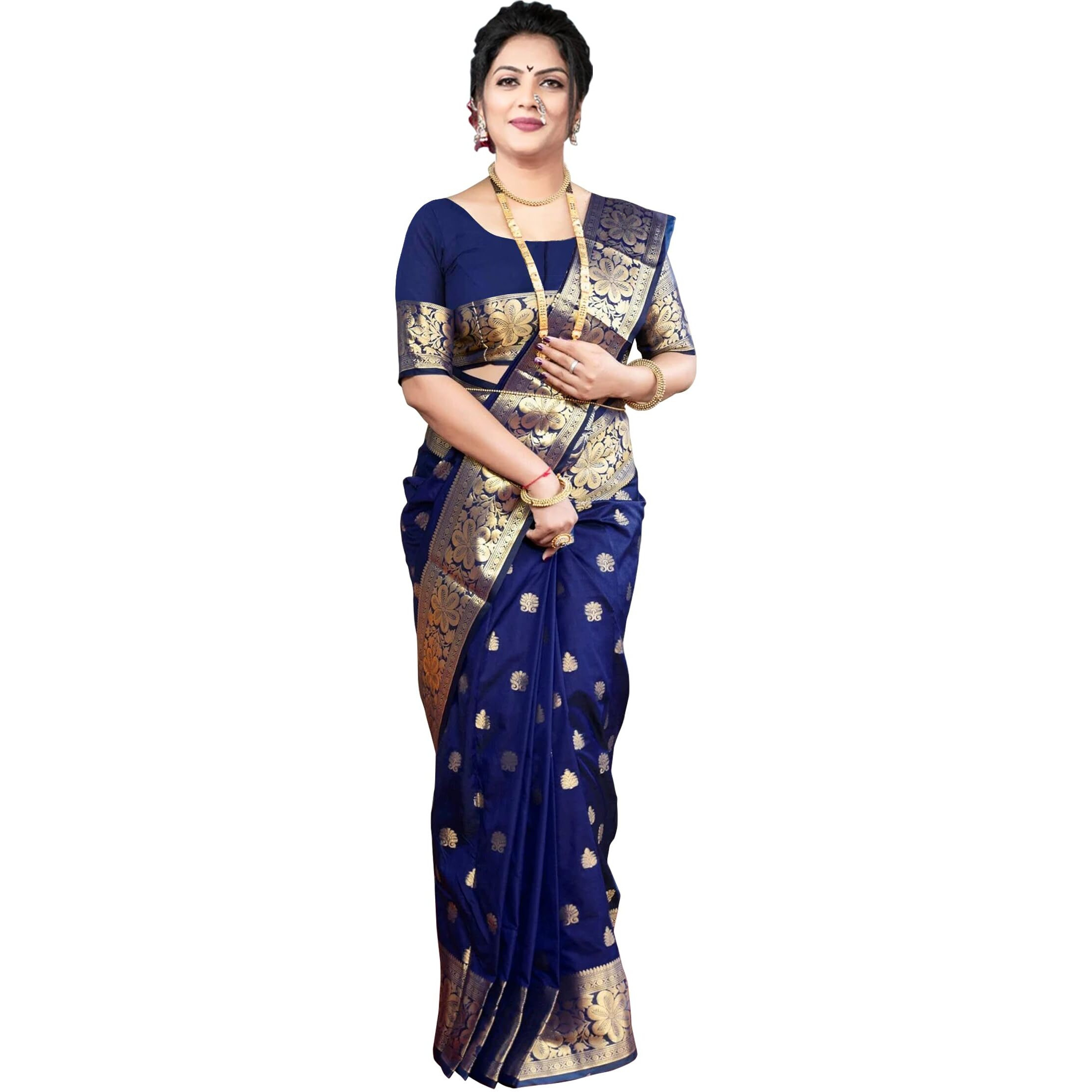 Sugathari Women's Banarasi Saree Pure Kanjivaram Silk Saree Soft New Ladies 2025 Design Wear Pattu Sarees Latest Sadi Party Sari Collections With Blouse Piece (San Pari-226-Navy Blue)