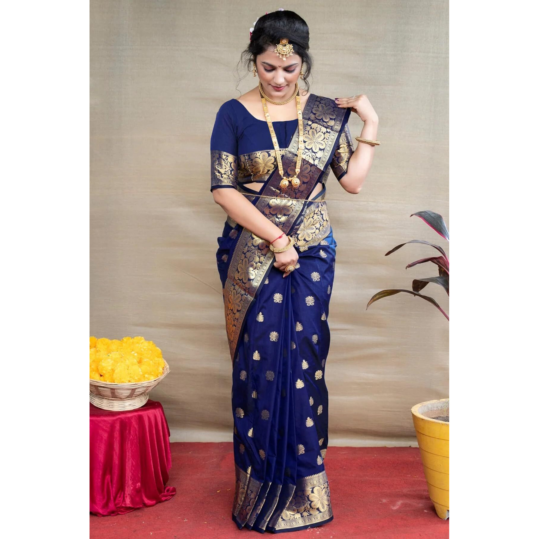 Sugathari Women's Banarasi Saree Pure Kanjivaram Silk Saree Soft New Ladies 2025 Design Wear Pattu Sarees Latest Sadi Party Sari Collections With Blouse Piece (San Pari-226-Navy Blue)