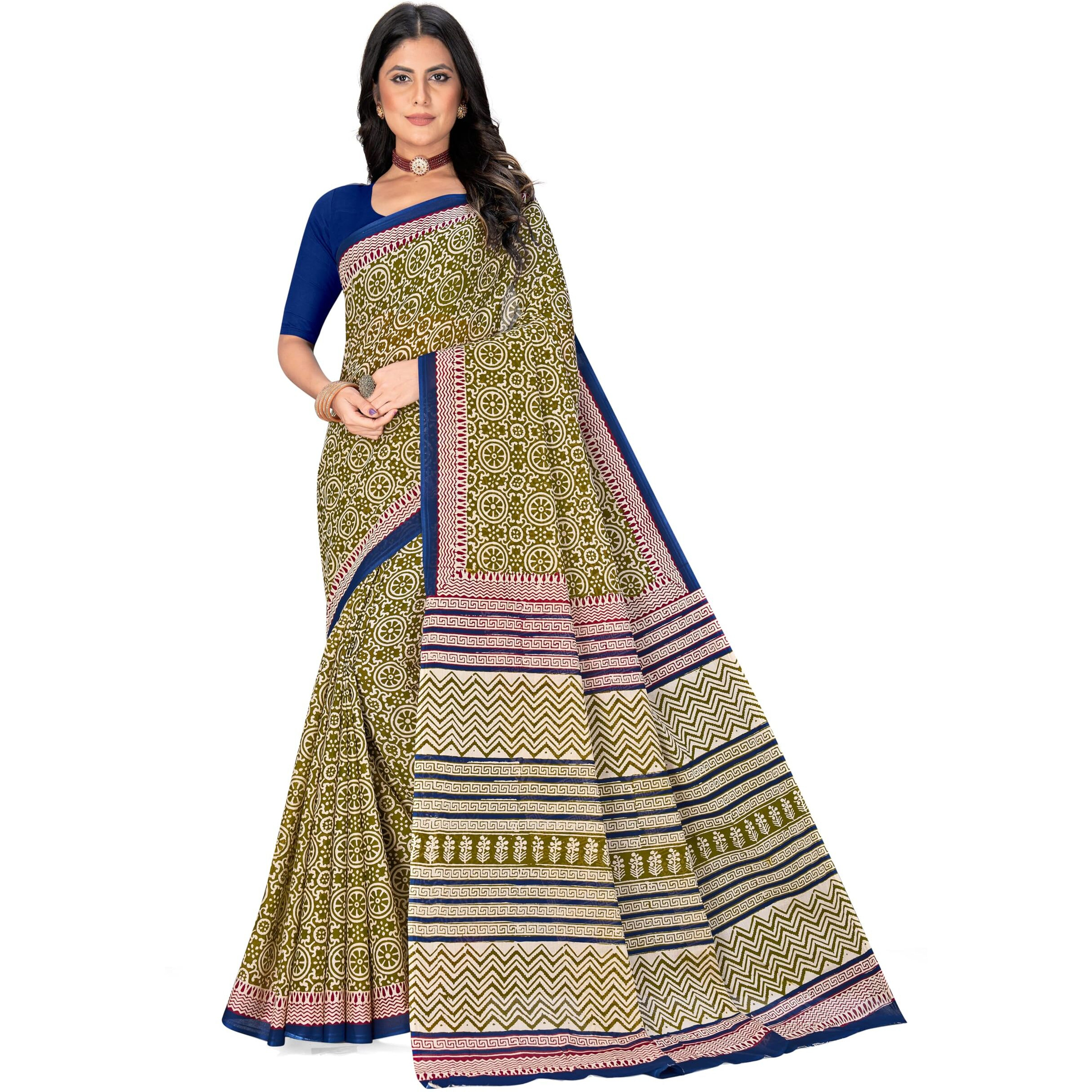 Tamaira Fashion Women's Hand Block Printed Pure Cotton Mulmul Saree Without Blouse Piece(2506_Mehendi)