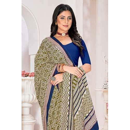 Tamaira Fashion Women's Hand Block Printed Pure Cotton Mulmul Saree Without Blouse Piece(2506_Mehendi)