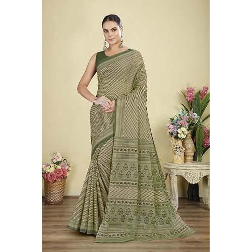 Tamaira Fashion Women's Floral Butti Printed Pure Cotton Mulmul Saree Without Blouse Piece(Ab42_Beige&Sagegreen)