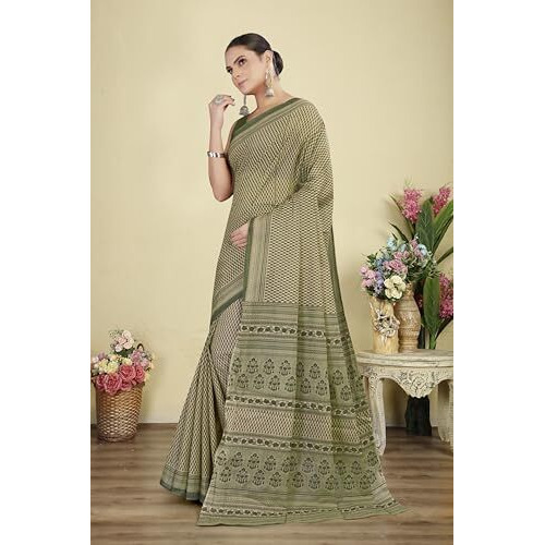 Tamaira Fashion Women's Floral Butti Printed Pure Cotton Mulmul Saree Without Blouse Piece(Ab42_Beige&Sagegreen)