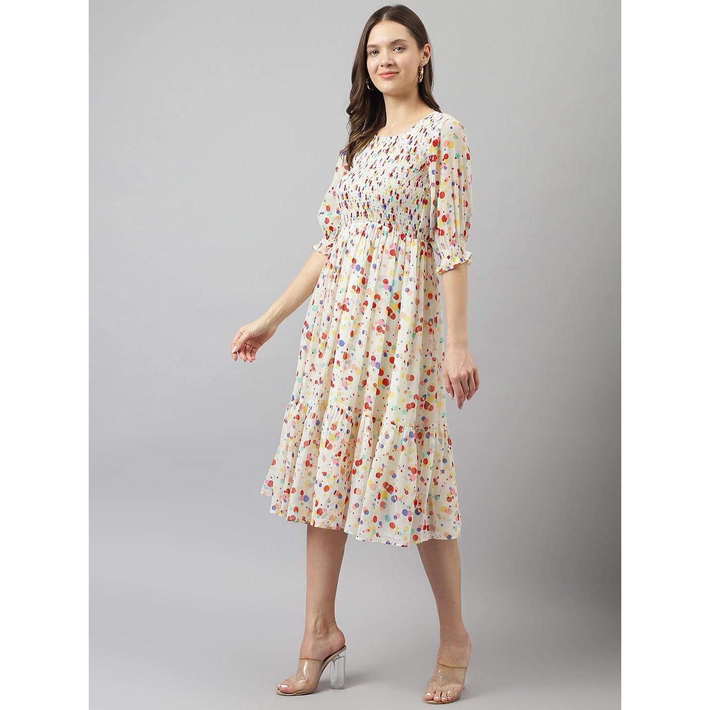 Toochki Women's White Georgette Polka Dot Tiered Western Dress | Dress For Women | A Line Dress | Winter Dress | Western Dress | Latest Women Dress | Trendy Dress | Midi Dress