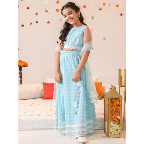 Pspeaches Girl's Cotton Lehenga Choli (L-Bluekhaddi_Blue_10-12Y)