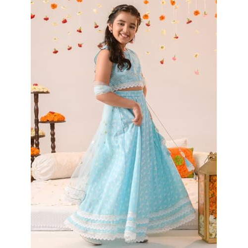 Pspeaches Girl's Cotton Lehenga Choli (L-Bluekhaddi_Blue_10-12Y)