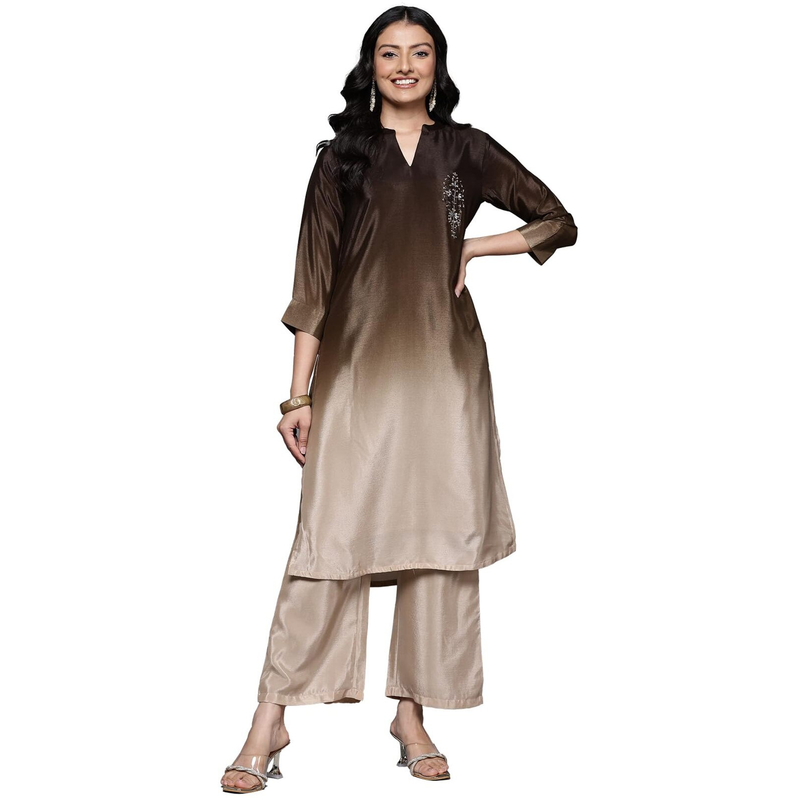 Varanga Women Embroidered Kurta Set With Tonal Bottom  Camel Brown, Sequins & Beads Embellished, Three-Quarter Sleeves, Stylish Ethnic Wear, Women Kurta Set, Kurti Set With Dupatta (Small)