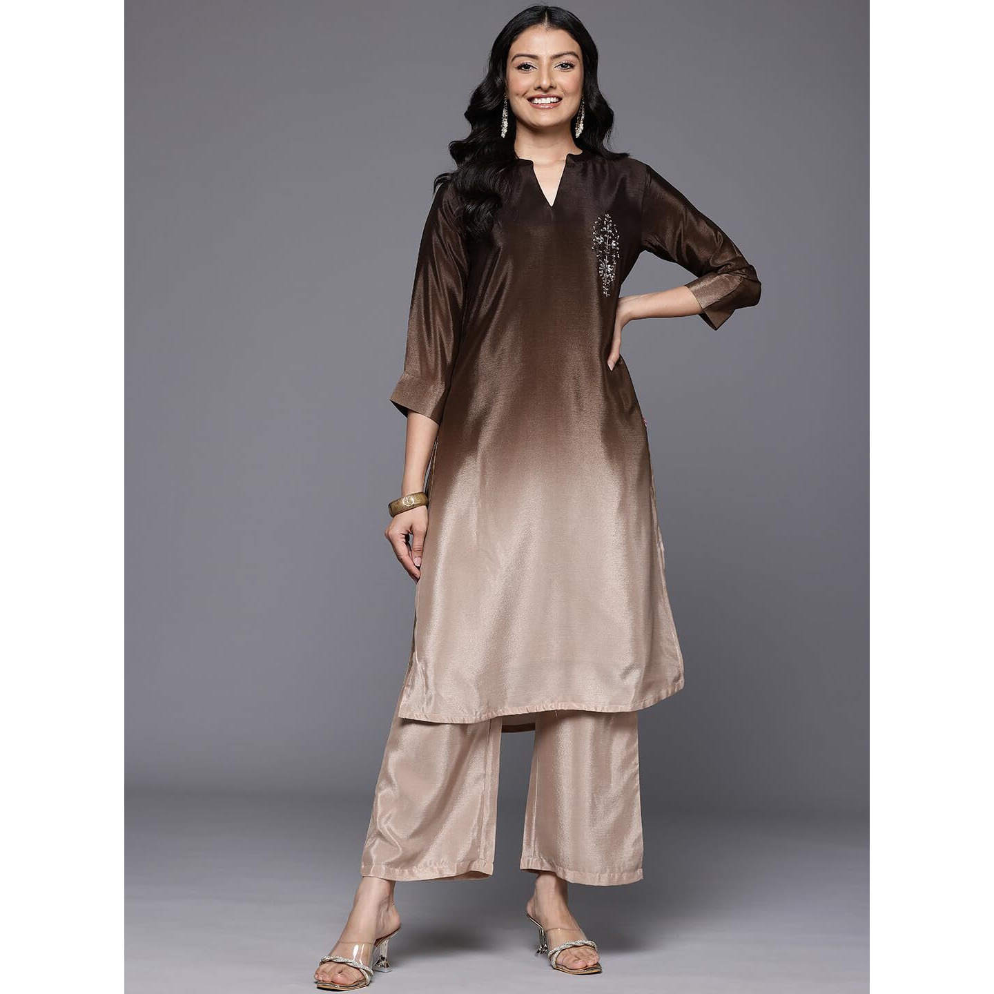 Varanga Women Embroidered Kurta Set With Tonal Bottom  Camel Brown, Sequins & Beads Embellished, Three-Quarter Sleeves, Stylish Ethnic Wear, Women Kurta Set, Kurti Set With Dupatta (Small)