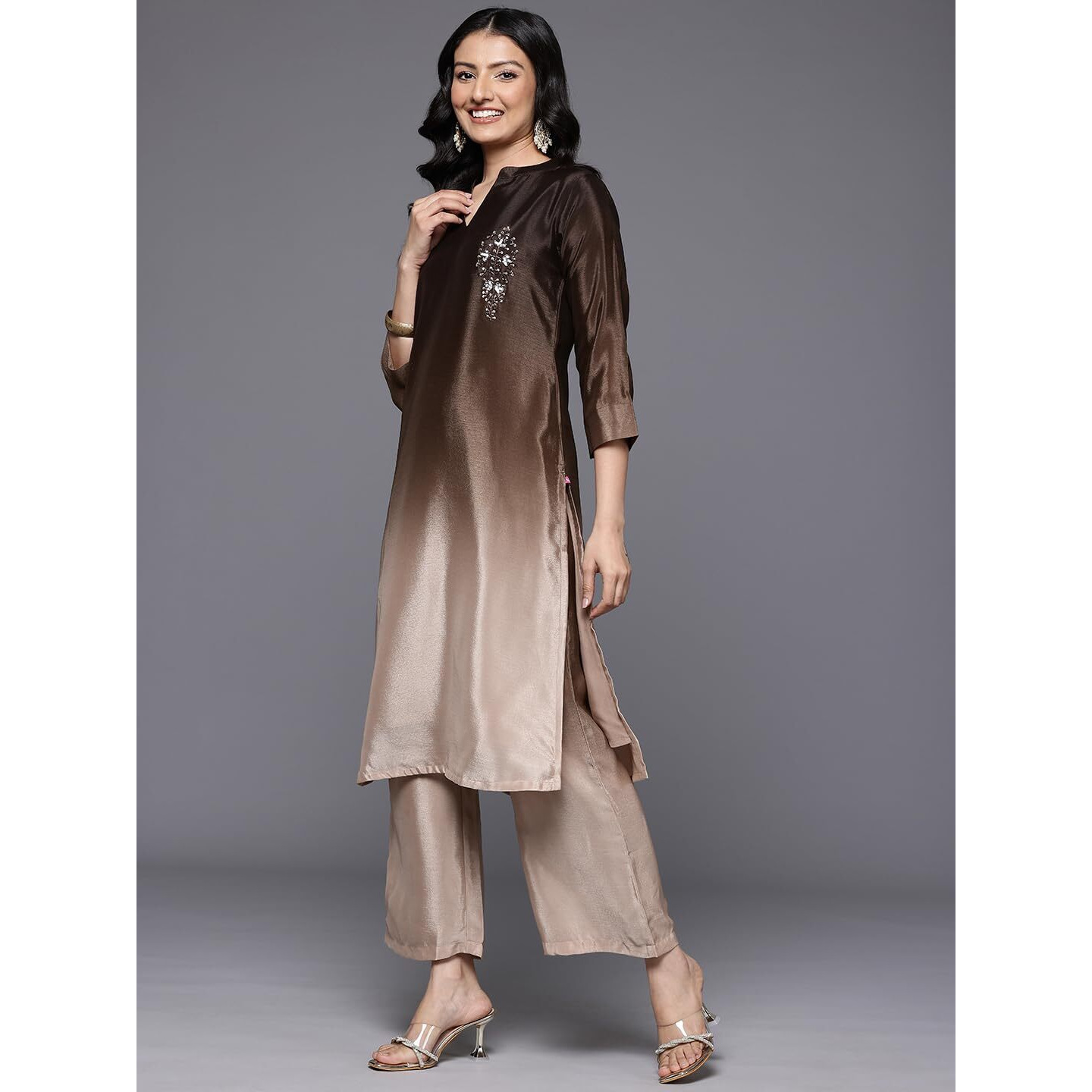 Varanga Women Embroidered Kurta Set With Tonal Bottom  Camel Brown, Sequins & Beads Embellished, Three-Quarter Sleeves, Stylish Ethnic Wear, Women Kurta Set, Kurti Set With Dupatta (Small)