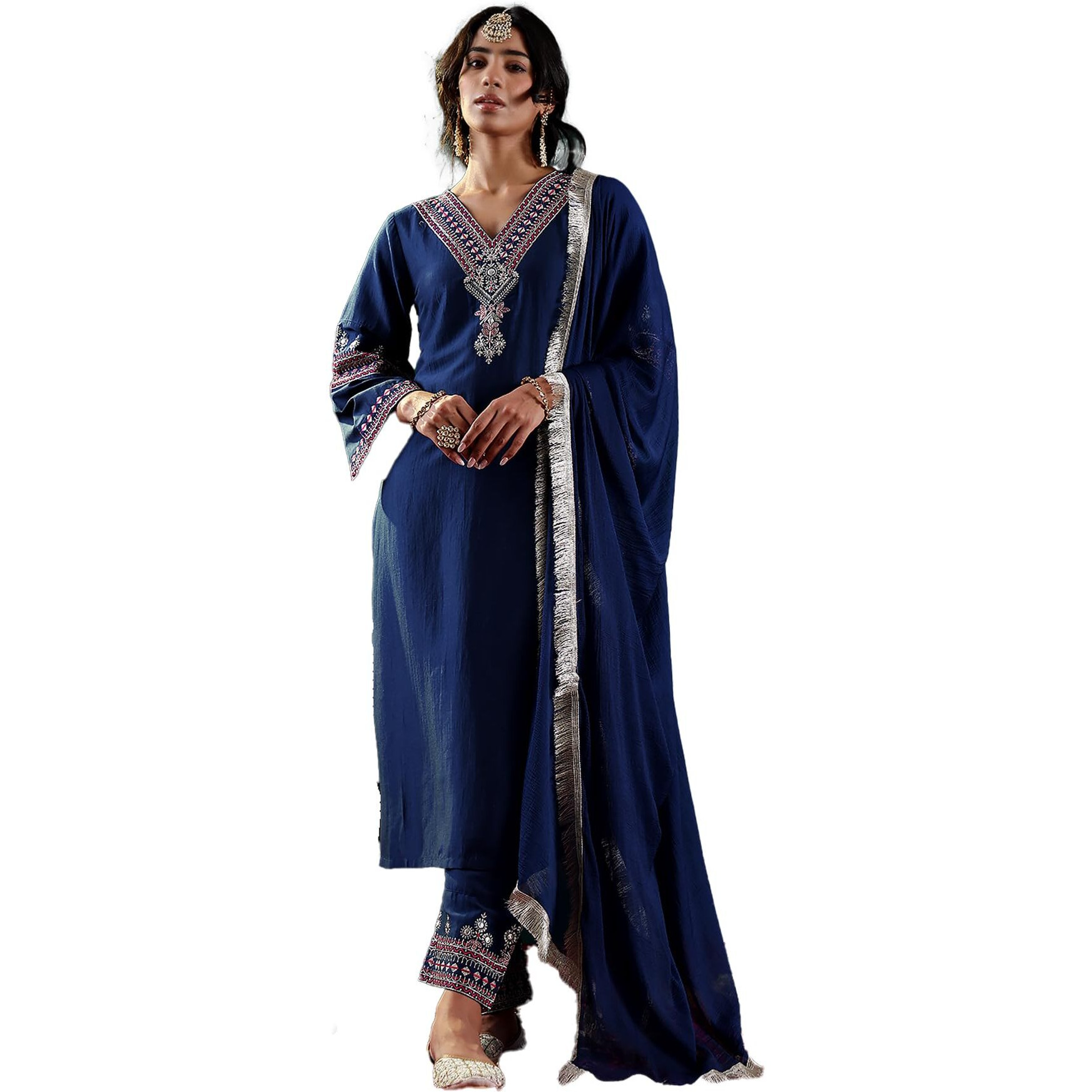 Varanga Women Blue Embroidered Straight Kurta Paired With Tonal Embroidered Bottom And With Tonal Chiffon Dotted Dupatta