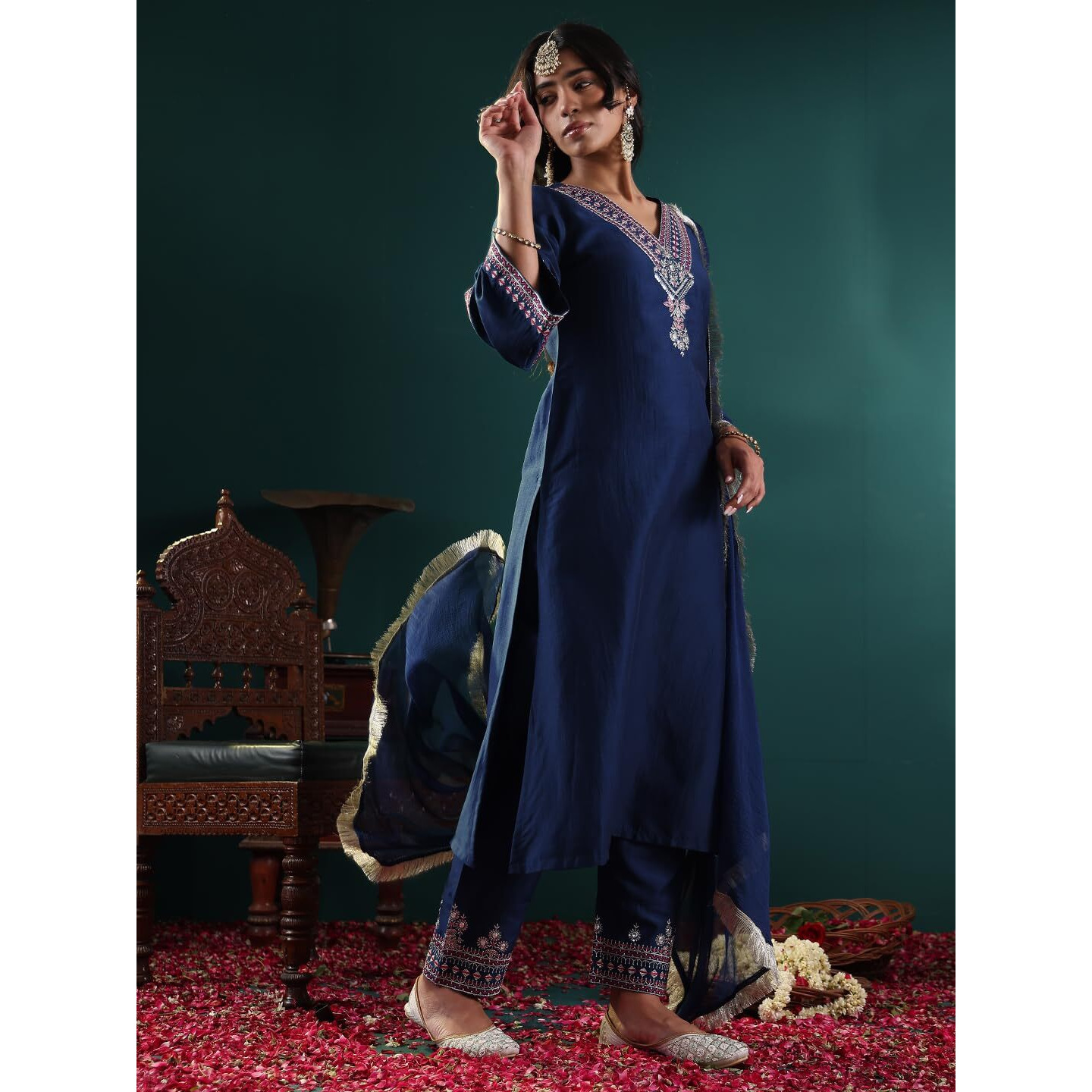 Varanga Women Blue Embroidered Straight Kurta Paired With Tonal Embroidered Bottom And With Tonal Chiffon Dotted Dupatta