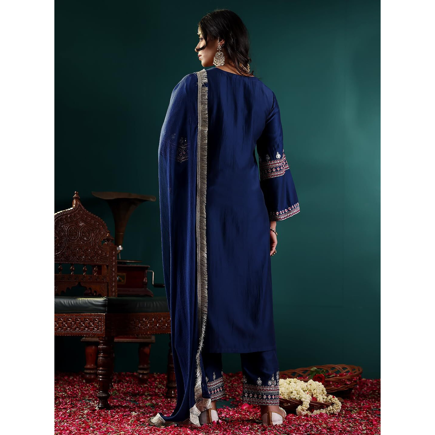 Varanga Women Blue Embroidered Straight Kurta Paired With Tonal Embroidered Bottom And With Tonal Chiffon Dotted Dupatta