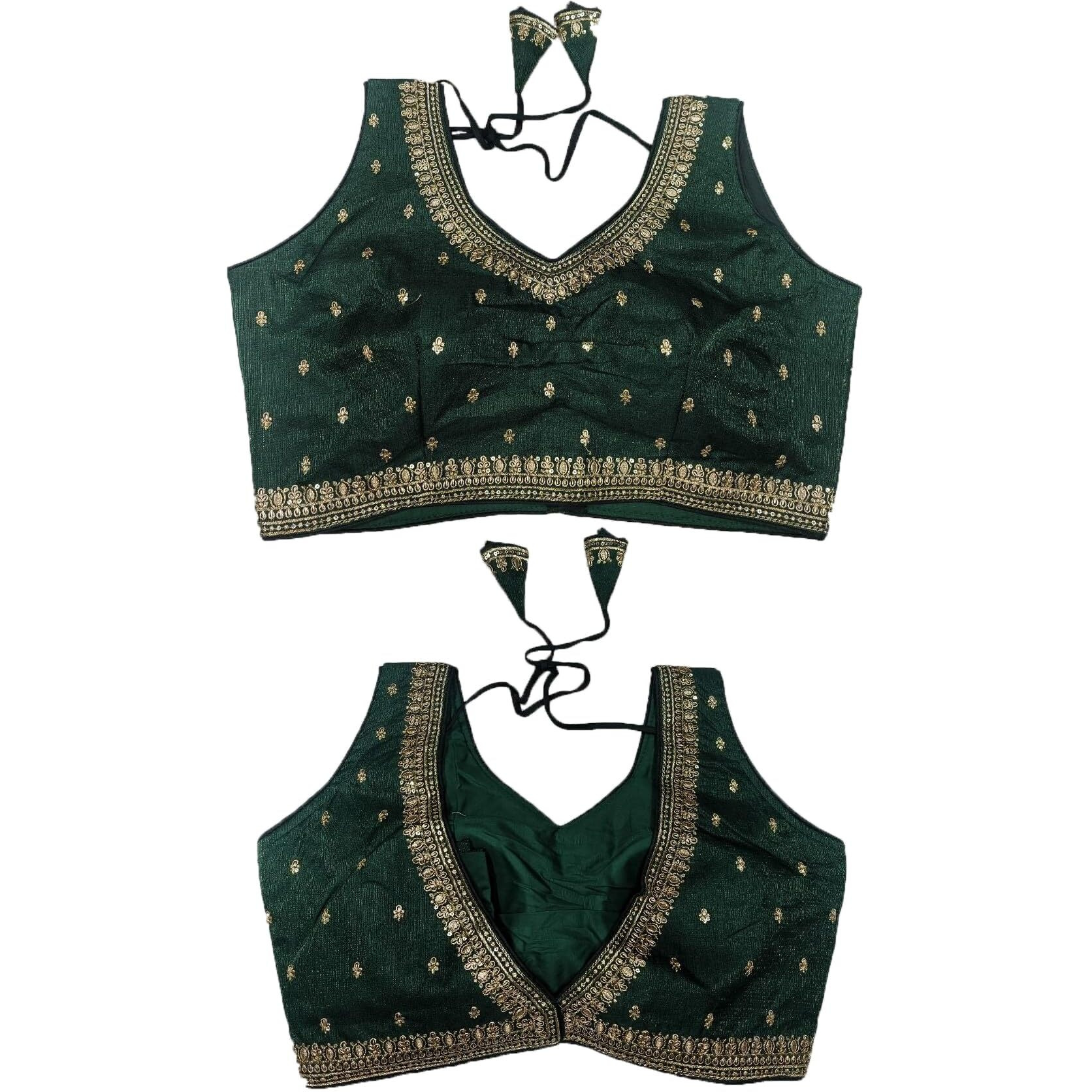 Pujia Mills Women's Indian Ethnic Wear Designer Golden Zari Embroidery With Sequence Work V Neck Sleeveless Readymade Worked Saree Blouse Readymade Dark Green Color Blouse For Lehenga Choli