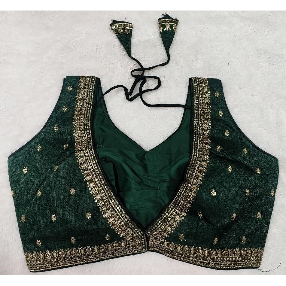 Pujia Mills Women's Indian Ethnic Wear Designer Golden Zari Embroidery With Sequence Work V Neck Sleeveless Readymade Worked Saree Blouse Readymade Dark Green Color Blouse For Lehenga Choli