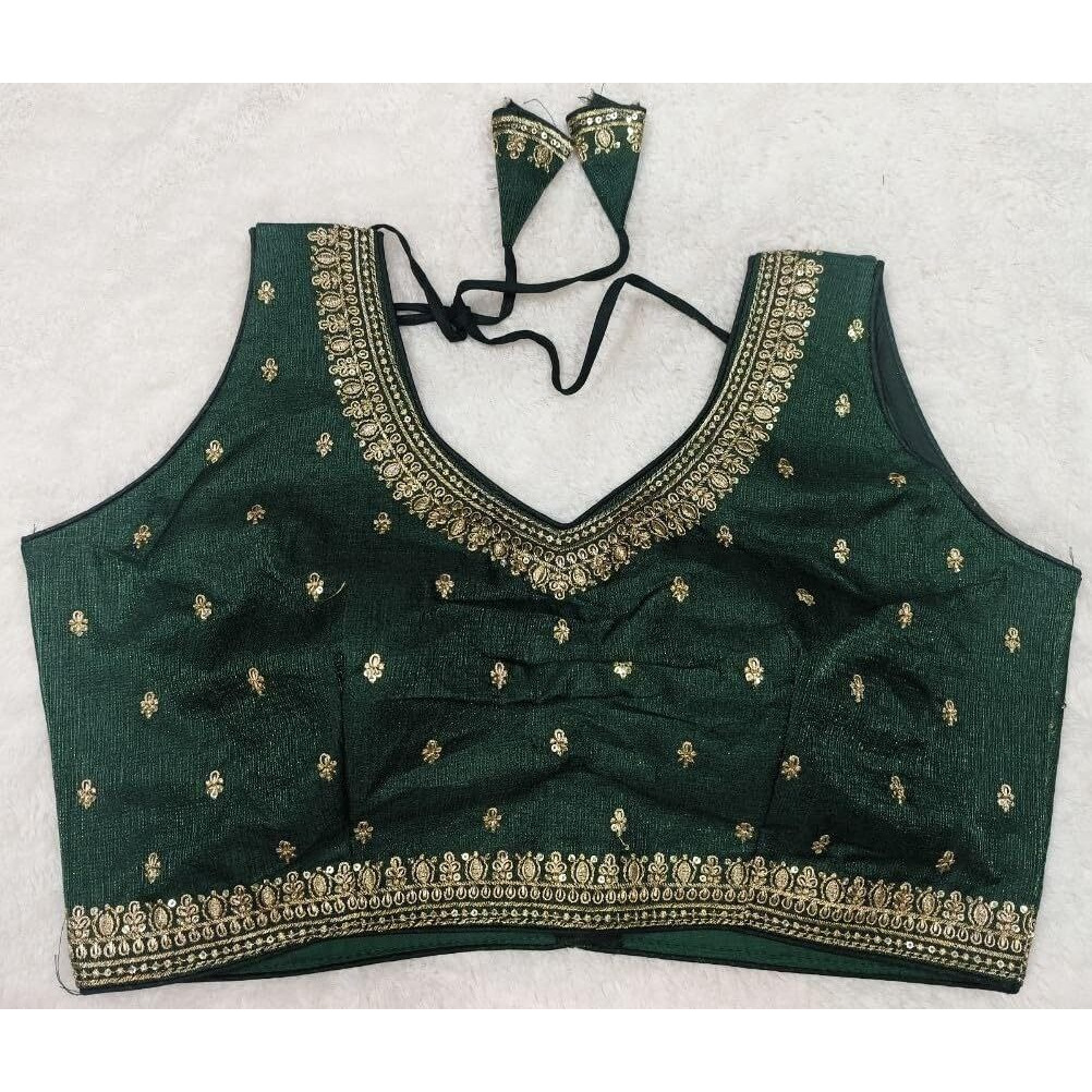 Pujia Mills Women's Indian Ethnic Wear Designer Golden Zari Embroidery With Sequence Work V Neck Sleeveless Readymade Worked Saree Blouse Readymade Dark Green Color Blouse For Lehenga Choli