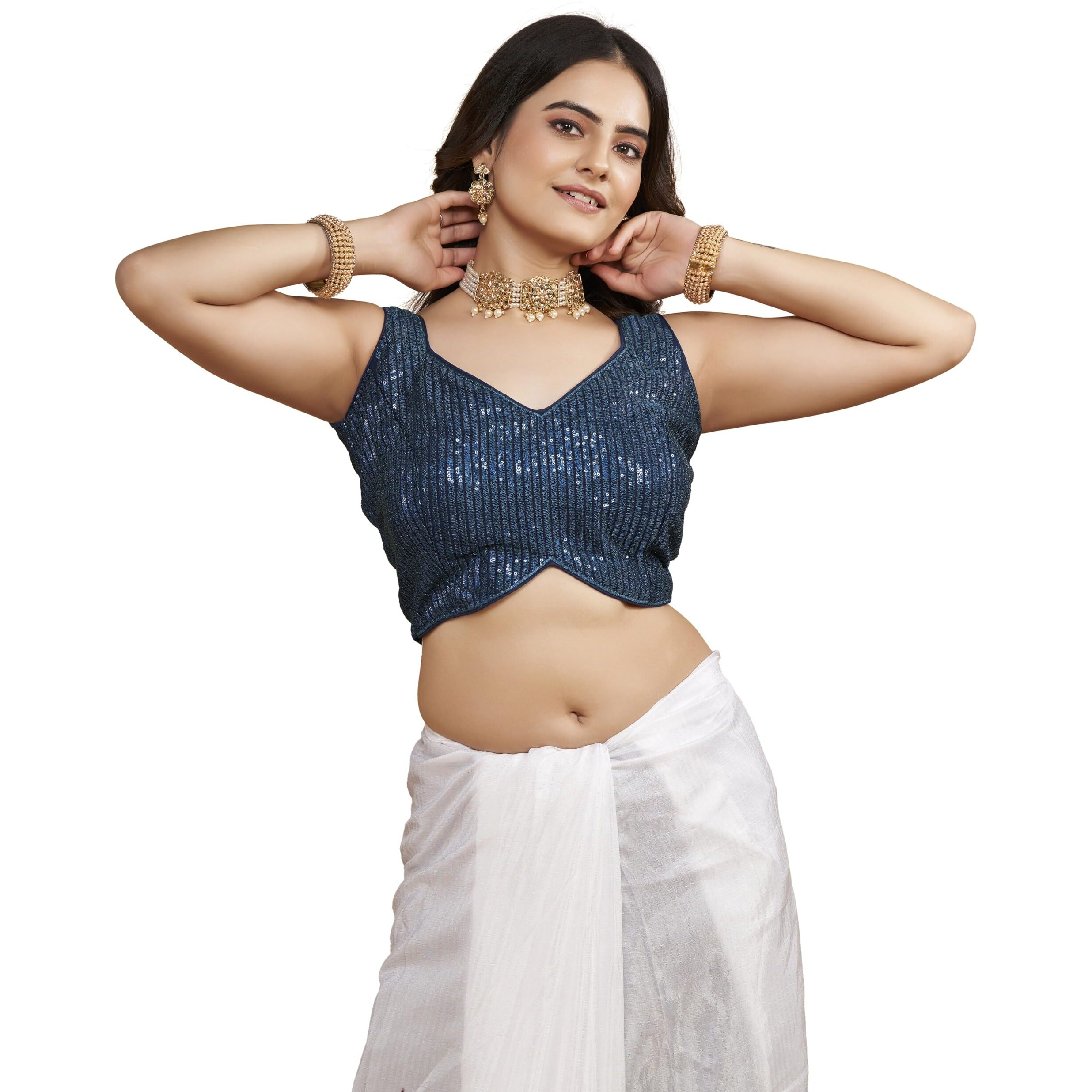 Vihu Fashion Women's Multicolor Sweetheart Neck Georgette Line Soft Sequence Zari Work Sleeves Readymade Saree Blouse (More Peach, 32)