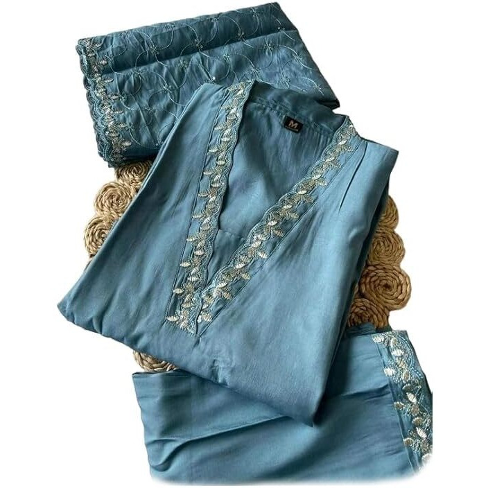 Xomantic Fashion Womens's Pink Color Cotton Embroidered Readymade Kurta Pant Set With Dupatta (Large, Blue)