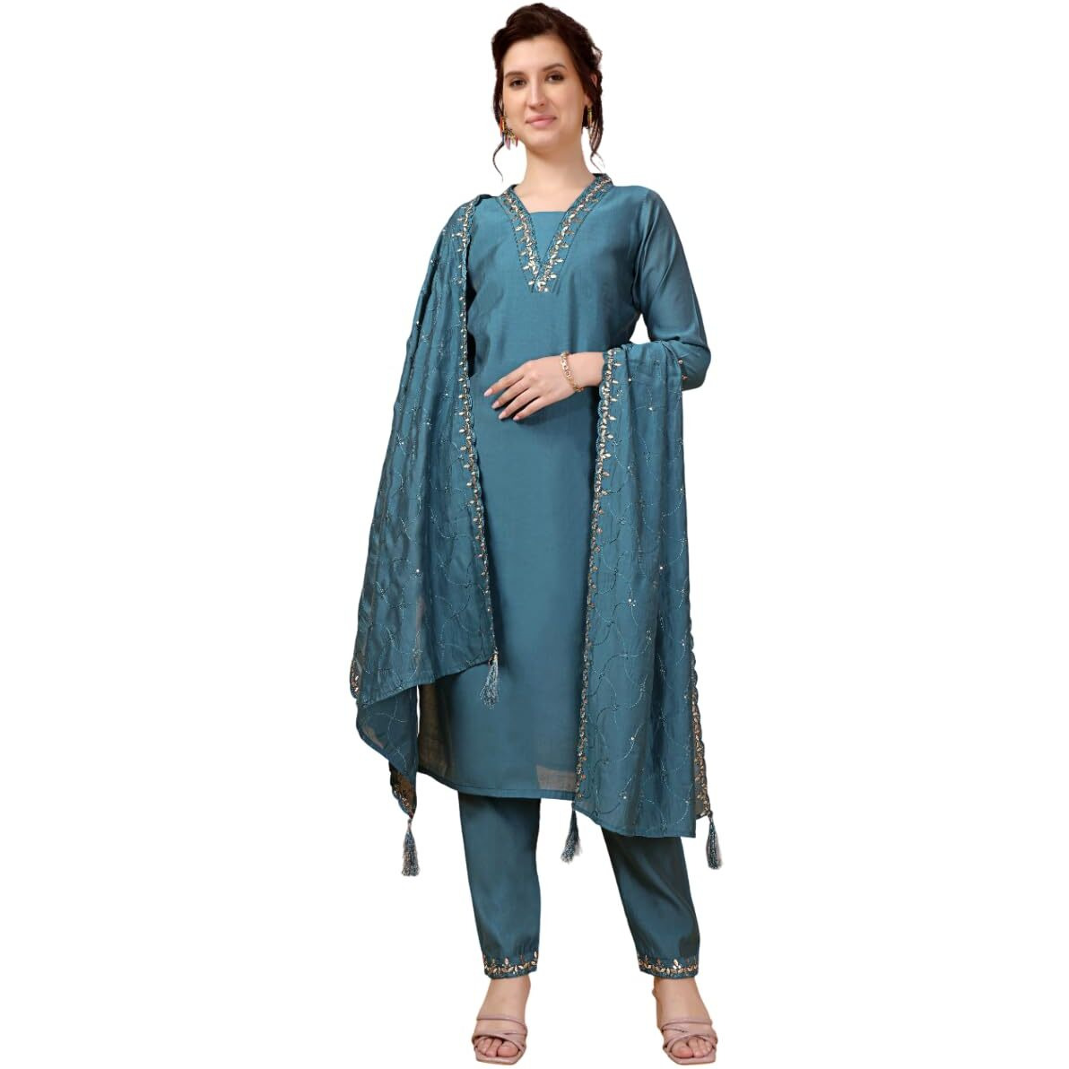 Xomantic Fashion Womens's Pink Color Cotton Embroidered Readymade Kurta Pant Set With Dupatta (Large, Blue)