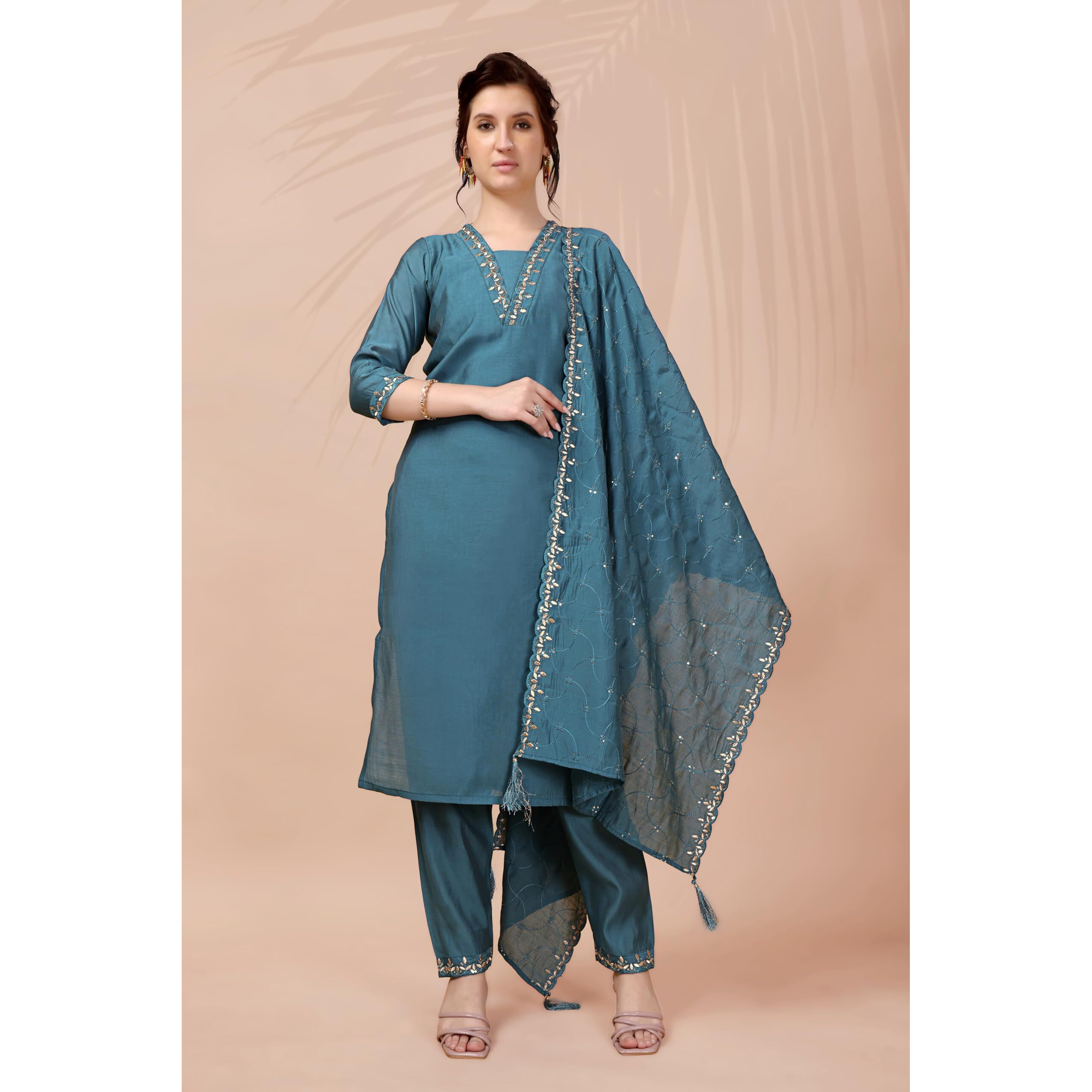 Xomantic Fashion Womens's Pink Color Cotton Embroidered Readymade Kurta Pant Set With Dupatta (Large, Blue)